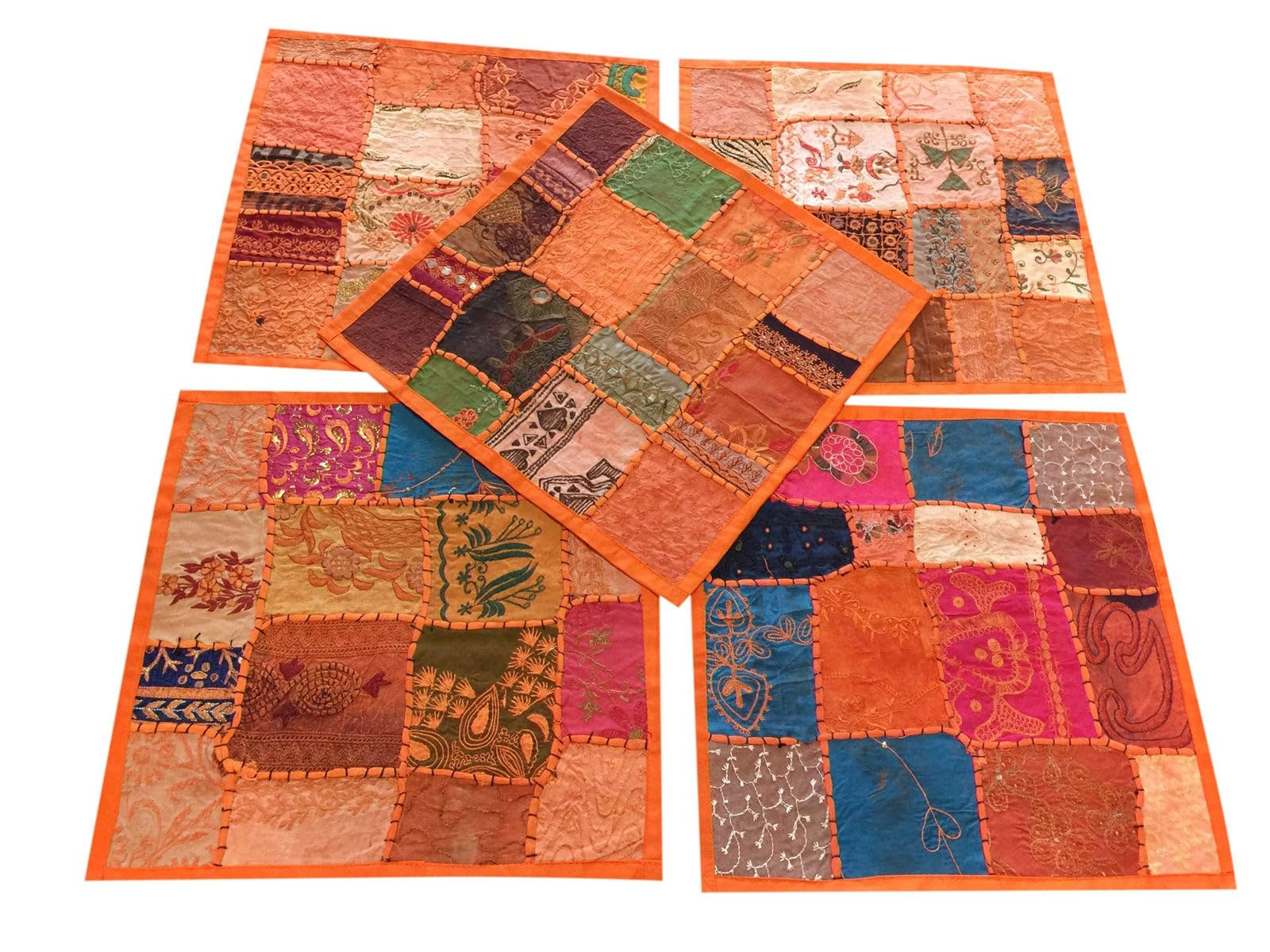 Mogul Interior Boho Indi Orange Sofa Throw Cushion Cover Patchwork Sequin