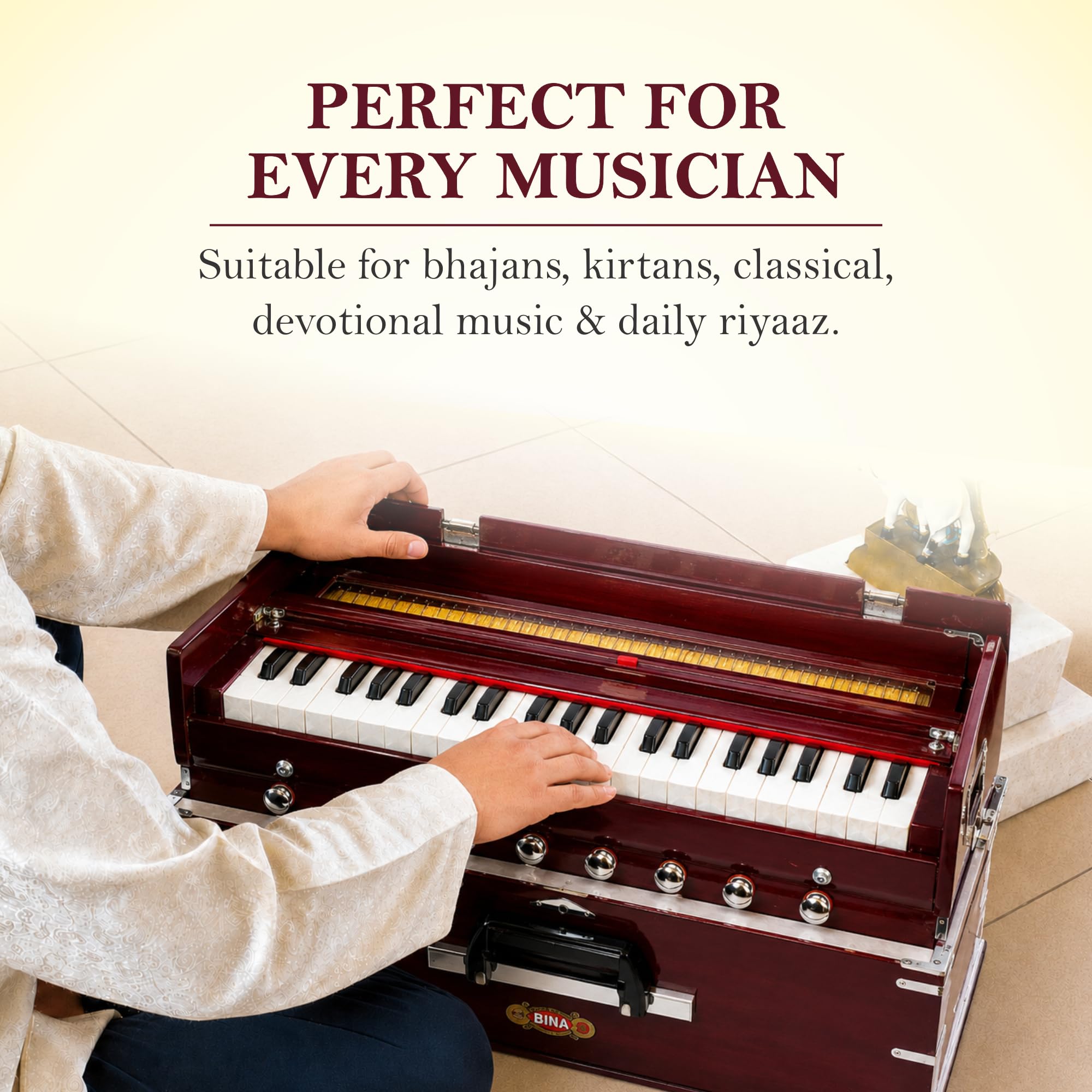 Harmonium BINA Nr. 23B Dx. 3 1/2 Oktaven tragbare Kirsche, 2024 Edition, klein, tragbar, kompakt, Safri, natürliche Farbe, Kirtan, indische Tastatur