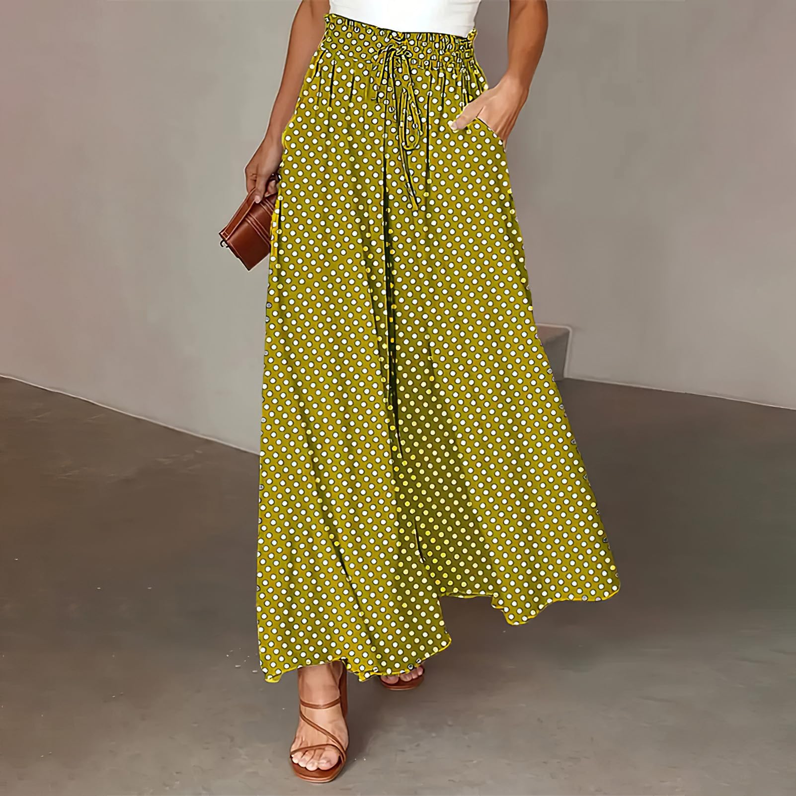 Pantalon Palazzo Femme Long Décontracté à Poches, Bande élastique et Cordon de Serrage