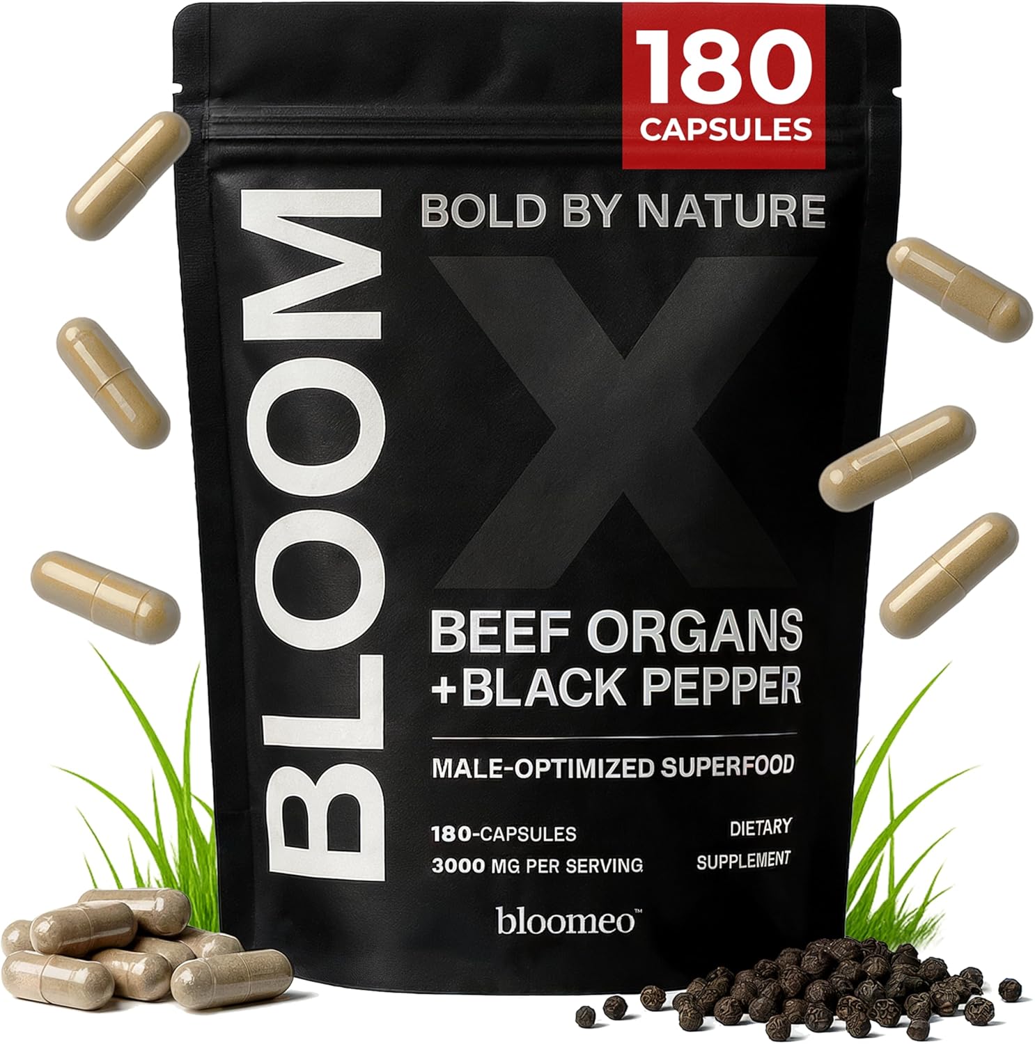Beef Organ Supplement for Men | 100% Grass Fed Beef Liver Capsules with Bull Testicle, Prostate, Bone Marrow & More | Bloom X - Ancestral Superfoods for Vital Energy, Immunity & Mens Health | 180 ct