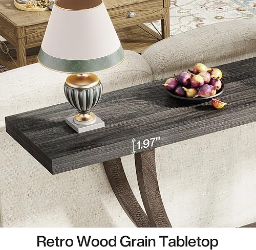 Miniatura 6 de Tribesigns Mesa consola de madera de 63 pulgadas con base geométrica de metal, mesa de sofá de 2 niveles estrecha y larga, gruesa detrás del sofá