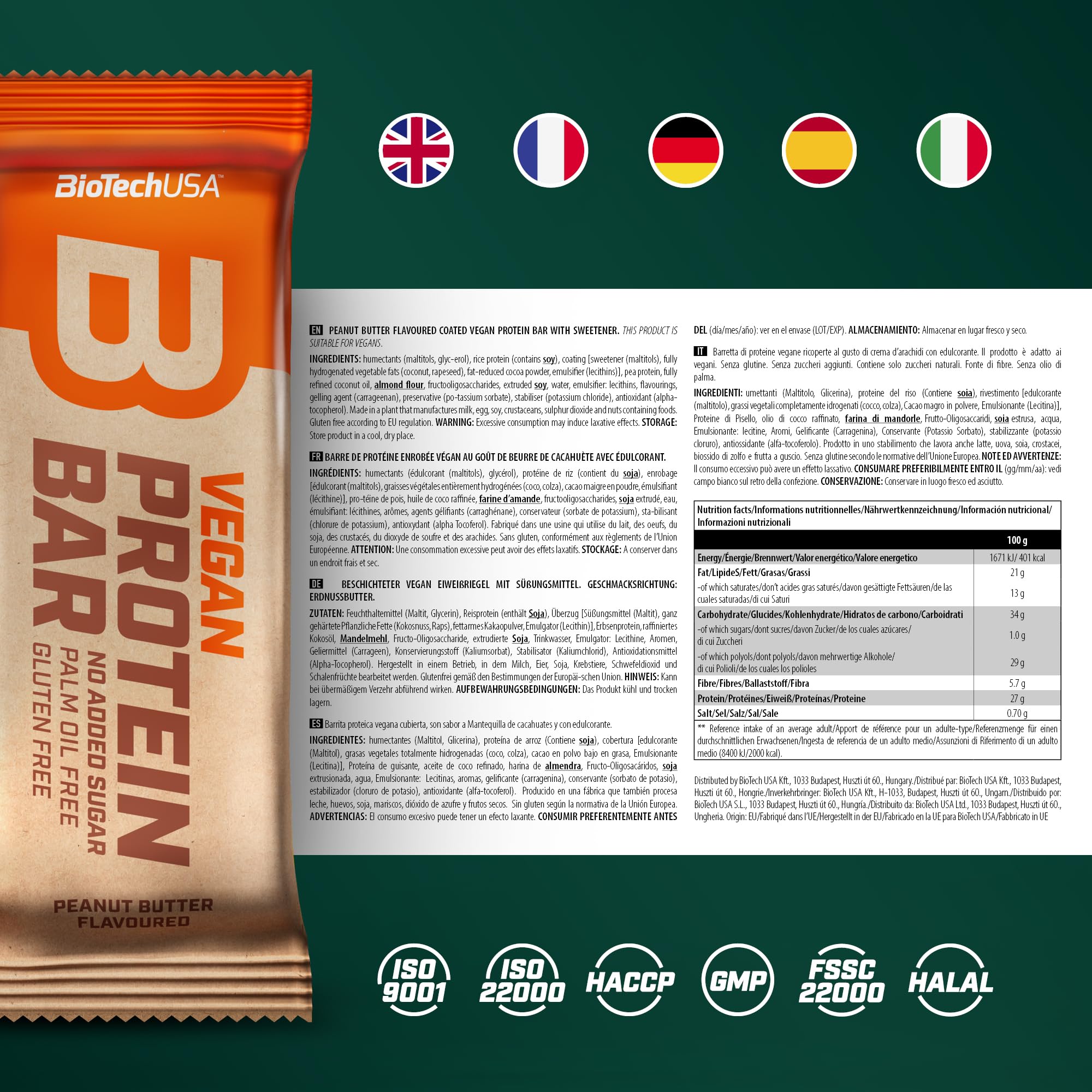 BioTechUSA Vegan Protein Bar, barre protéinée sans lactose ni gluten, à base de protéines végétales, avec un glaçage délicieux au chocolat, et sans sucres ajoutés, 20 * 50 g, Beurre de noisette