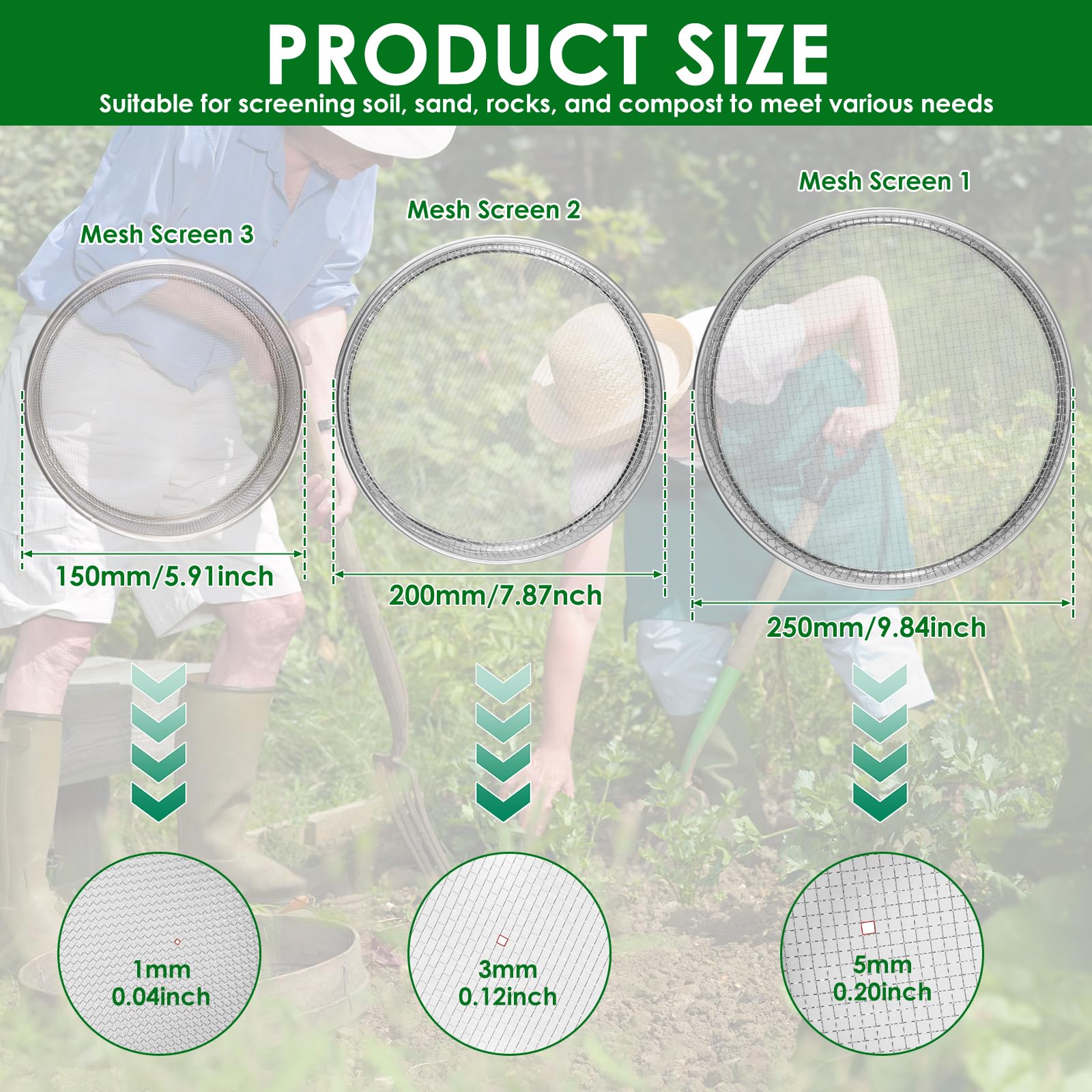 Soil Sieve Stainless Steel Riddle Sieve Set, Garden Potting Soil Sifter, Compost Sifter Screen Pan, Garden Potting Riddle Sieve, Planting Soil Sifters Strains for Topsoil, Akadama Soil, Fine Sand