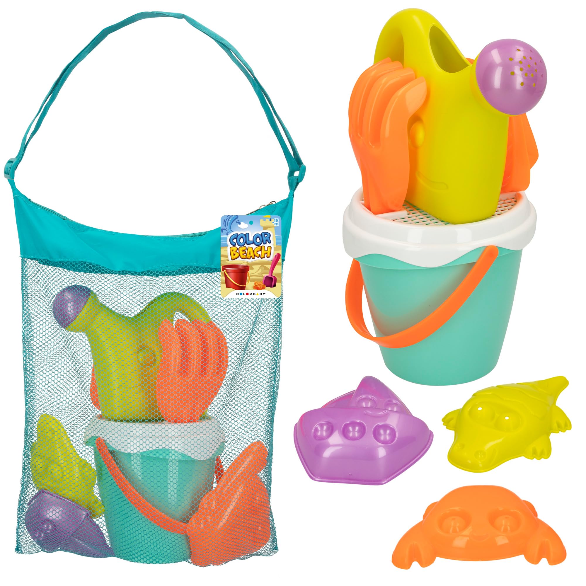 ColorBaby - Juguetes de Playa para niños, Juguetes Arena, Bolsa Juguetes Playa, Cubo Arena, Ø14 cm, cedazo, Pala, rastrillo, regadera, Barco, moldes Arena, 18 mese (49271)