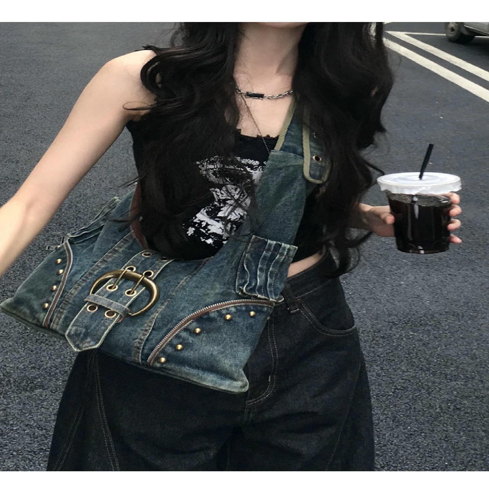 Borsa A Tracolla Tote in Denim di Grande capacità da Donna-Blu