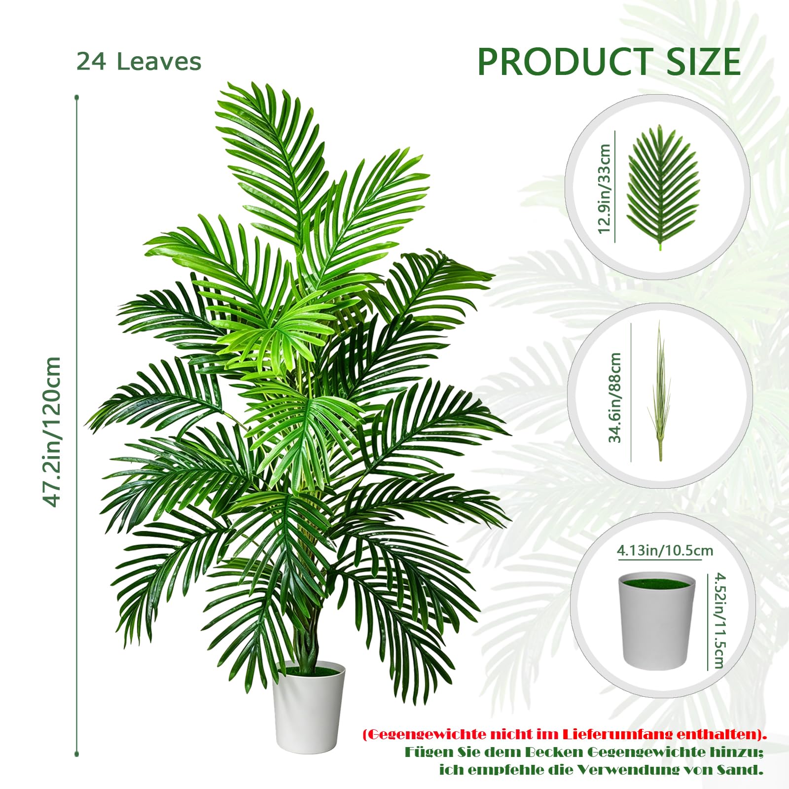 Kunstpflanze Groß Palme Kunstbaum，120cm Hoch 24 Zweige Tropische Aesthetic Deko Schlafzimmer Badezimmer außenbereich Büro Garten Hochzeit Party Deco (Areca Palm-D24-1P, 120x 70 cm)
