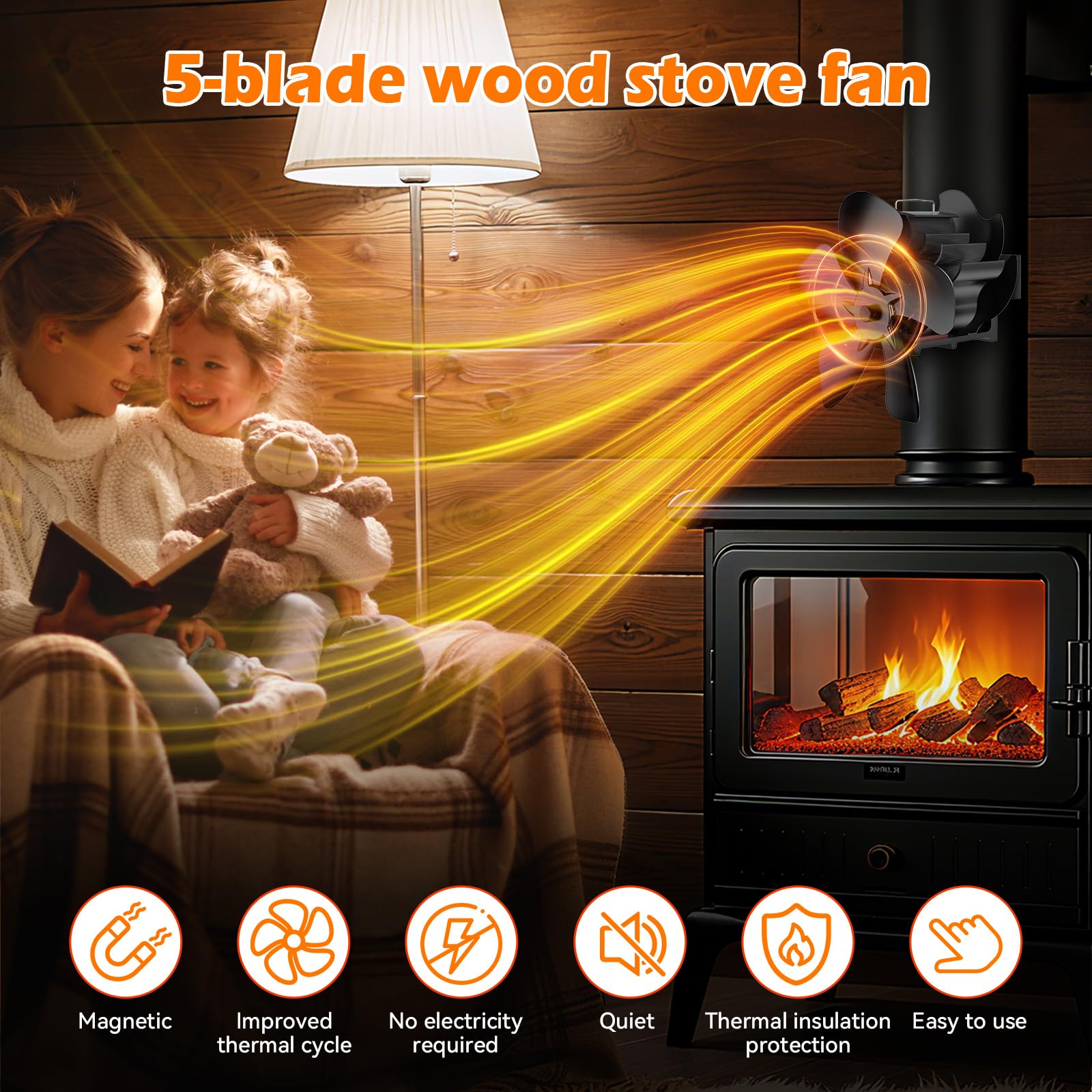 Ventilateur Poele à Bois,ventilateur de poêle à bois magnétique à 5 pales, ventilateur cheminée,économe en énergie et silencieux, Convient aux poêles à bois, cheminées et cheminées