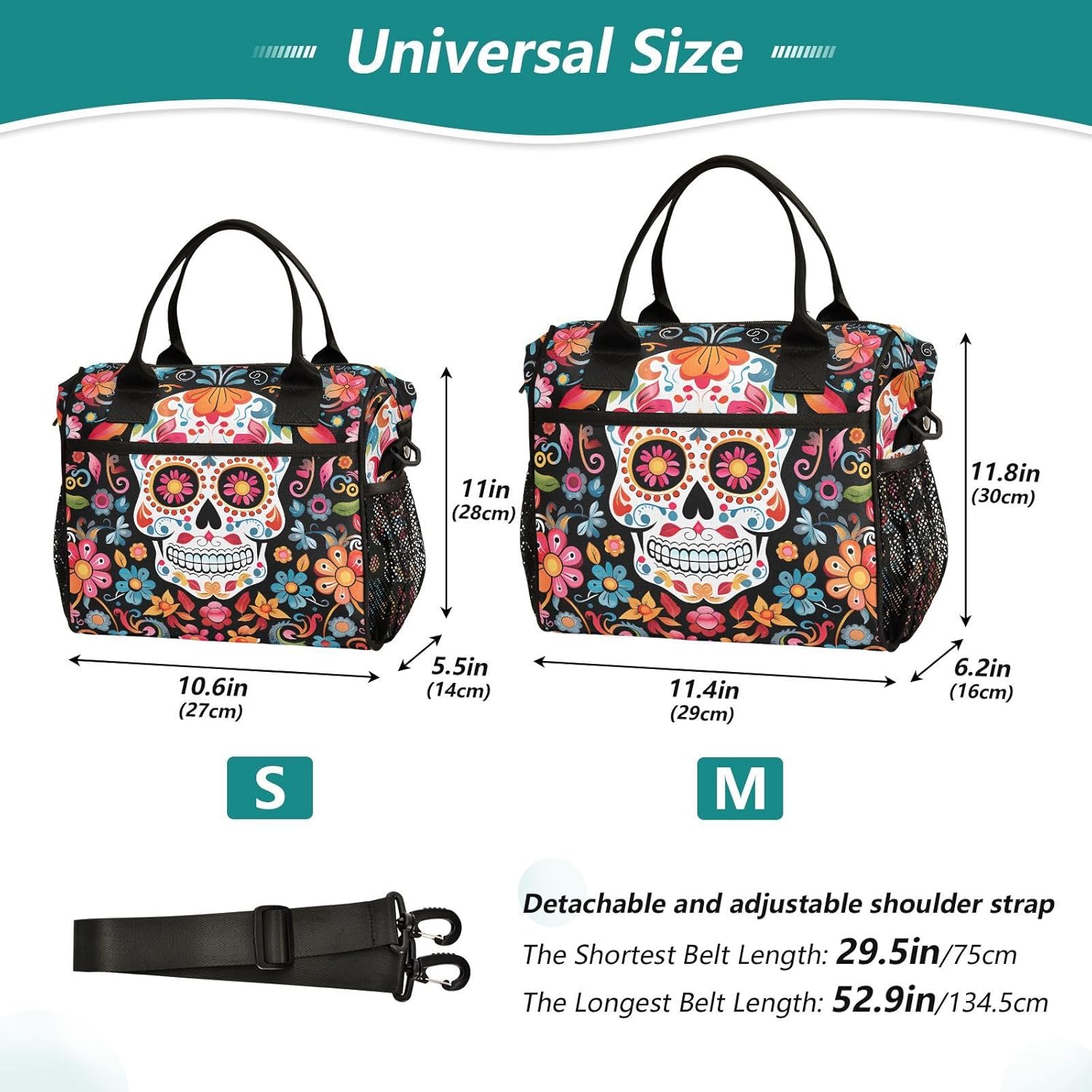 Skull Day Of The Dead Lunch Bag for Women, Insulated Lunch Box for Students, Women's Lunch Tote Bag with Side Pockets & Removable Shoulder Strap Large Cooler Purse for Picnic Work Beach