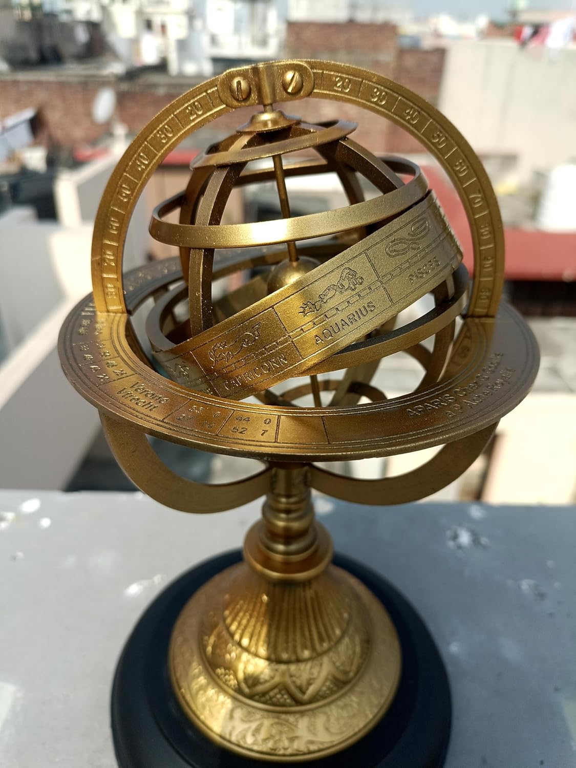Vintage Zodiac Armillary Brass Sphere Globe Wooden Display | Pirate's Antique Ship Decor