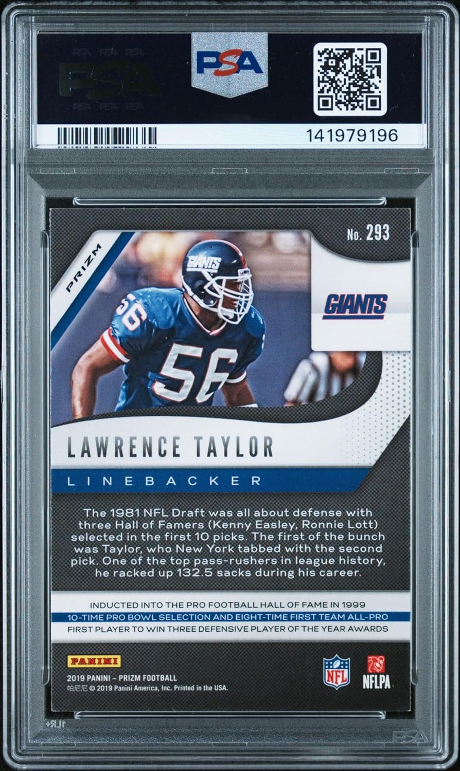 Lawrence Taylor 2019 Panini Prizm Red White Blue Signed Football Card #293 Graded PSA 7 Auto 9 Cert #141979196