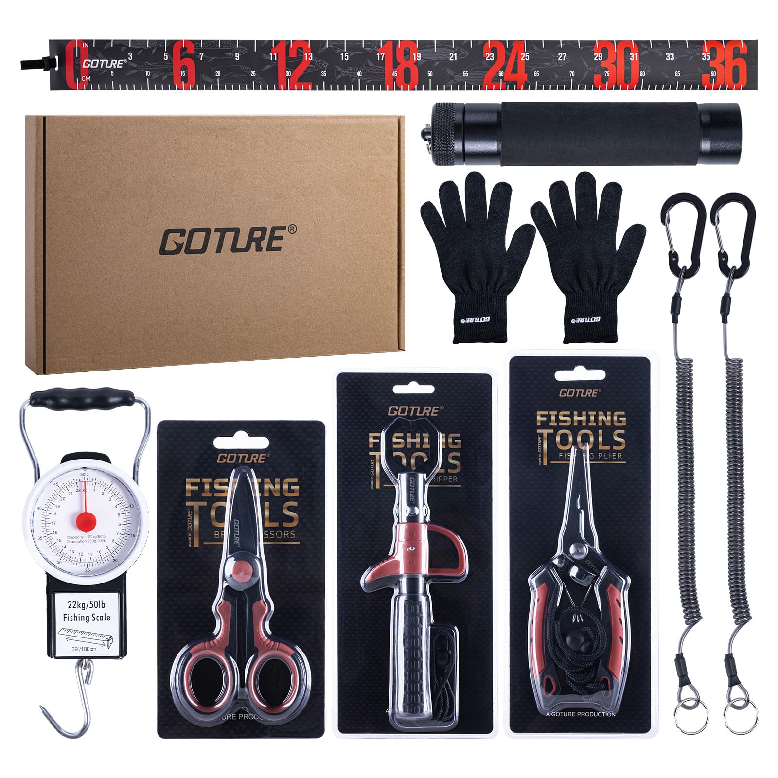 Goture 9Pcs Fishing Tool Kit, 8.9in Fish Lip Gripper, Hanging Scale with Tape Measure, Fishing Pliers, Cut-resistant Gloves, Knot-tying Tool, Roll Measuring Tape, Saltwater Gear Kit, Gifts for Men