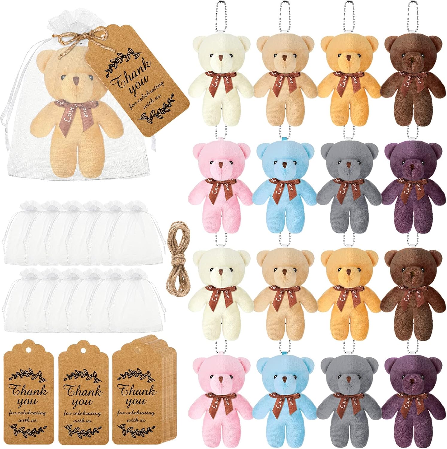 Fumete 40 Sets Baby Shower Bears Toy 4.7 Inch Tiny Bears Bulk Stuffed Animals Bear Tiny Keychain Hanging Ornaments with Thank You Tag Bag for Wedding Baby Shower Party Favors(Retro Colors)