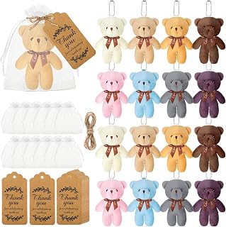 Fumete 40 Sets Mini Teddies 4.7" Keychain Bags Tags,Retro Colors | Small Teddy Bear Stuffed Animals with Thank You Tags, Gift Bags, Hanging Ornaments, Wedding Guest Favors, Party Table Gifts