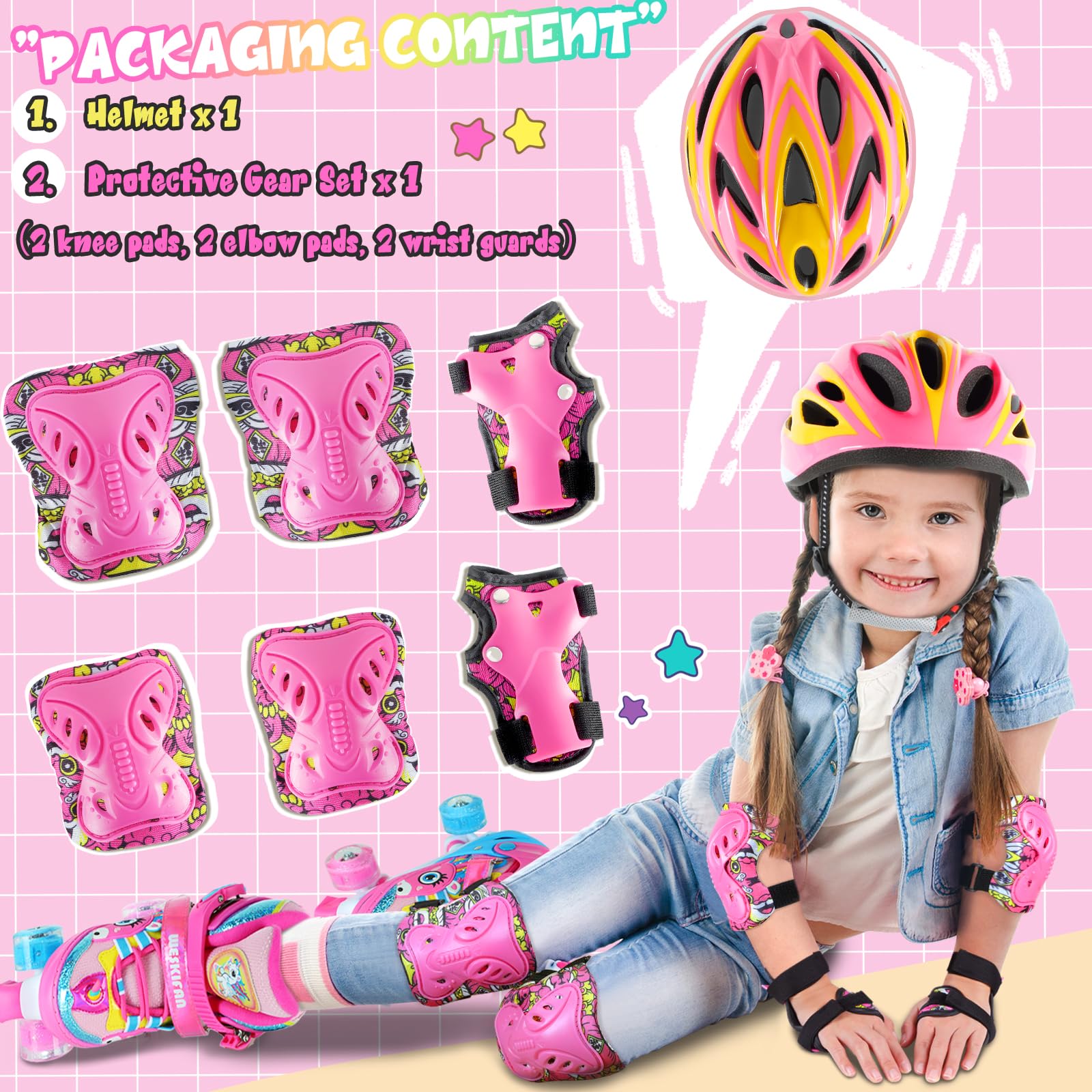 Casco Bici per Bambini Protezioni Set Casco Regolabile con Ginocchiere Gomitiere e Polsiere per Ciclismo Roller Scooter Skateboard Bici 52-58 cm Adatto a bambini 3-12 anni