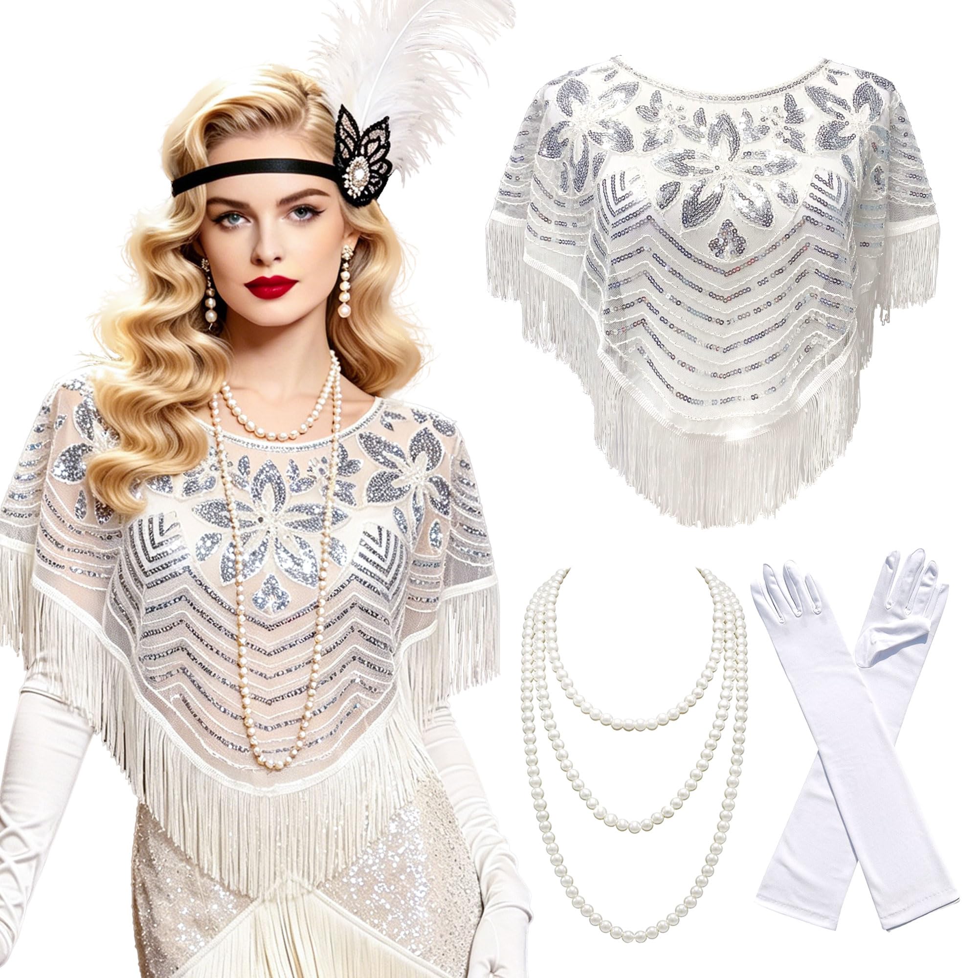 LaVenty Women's 1920s Sequin Shawl Wraps Silk Gloves Pearl Necklace Fringe Capelet Gatsby Accessories for Harlem Night