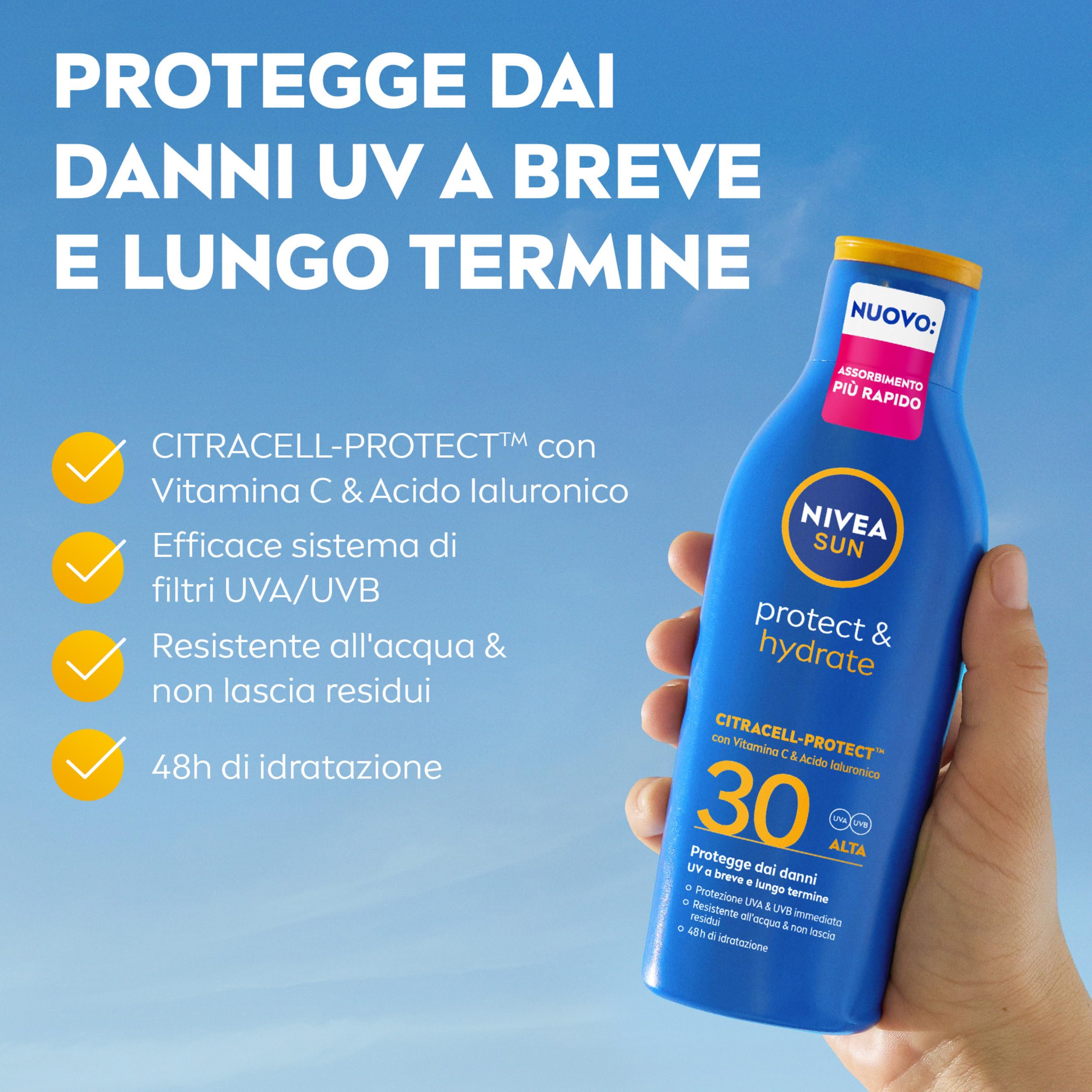 NIVEA SUN Protect & Hydrate SPF 30 200 ml, Crema solare 30 idratante 48h ad assorbimento rapido, Protezione solare 30 resistente all'acqua arricchita con Vitamina C e Acido Ialuronico