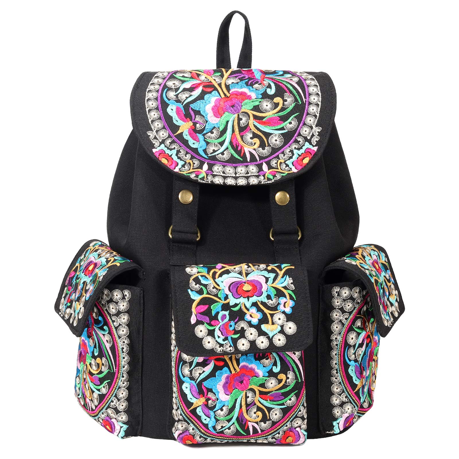 SILKAREA Vintage Embroidered Backpack Purse for Women Handbag Canvas Shoulder Bag Ethnic Boho Travel Backpack (Black S2) Large