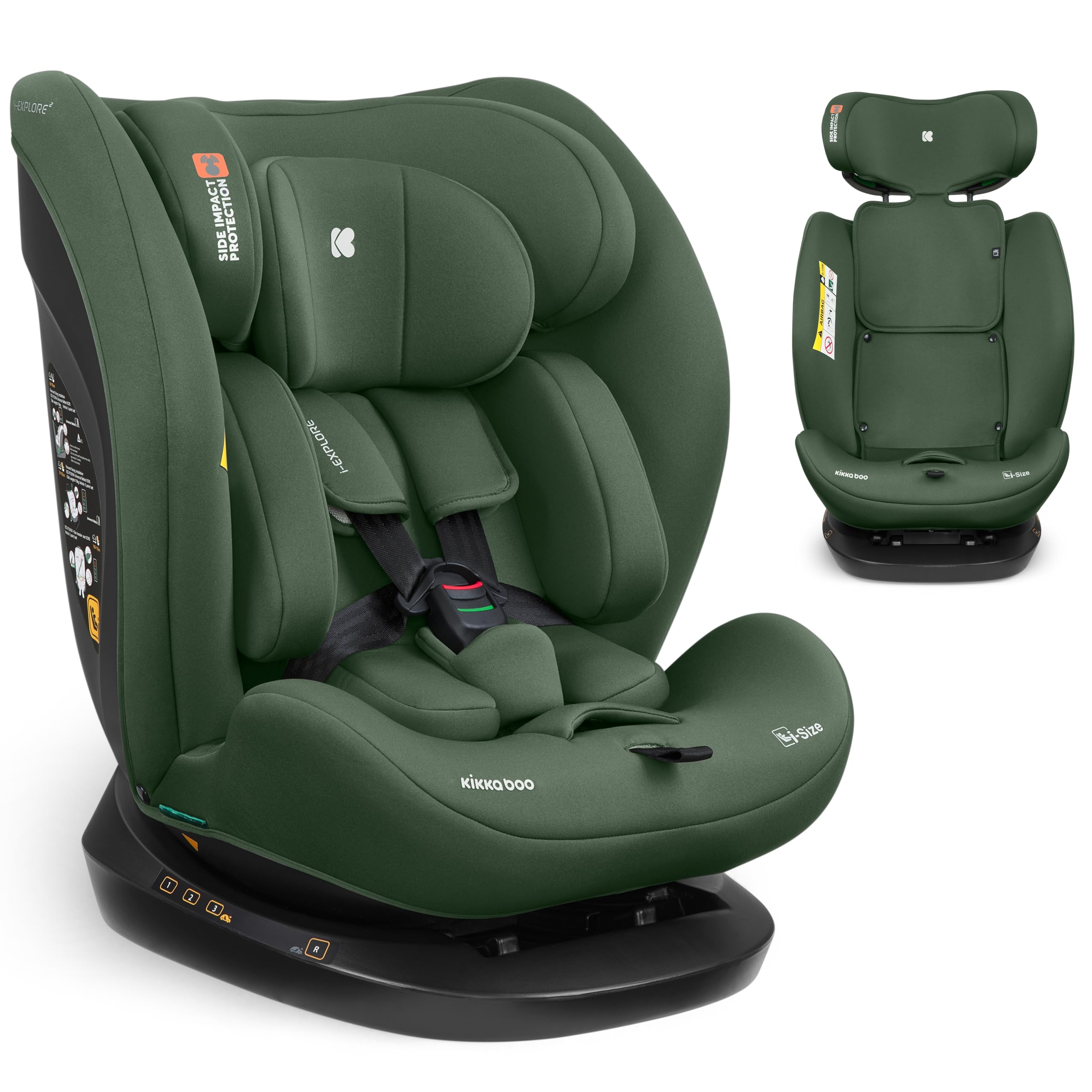 KikkaBoo Silla Coche Bebé i-EXPLORE 2, Grupo 0 1 2 3, i-Size 40-150 cm, Reclinable, 0-12 Años, Reposacabezas 14 Posiciones, Cojín y Arnés 5 Puntos, Army Green
