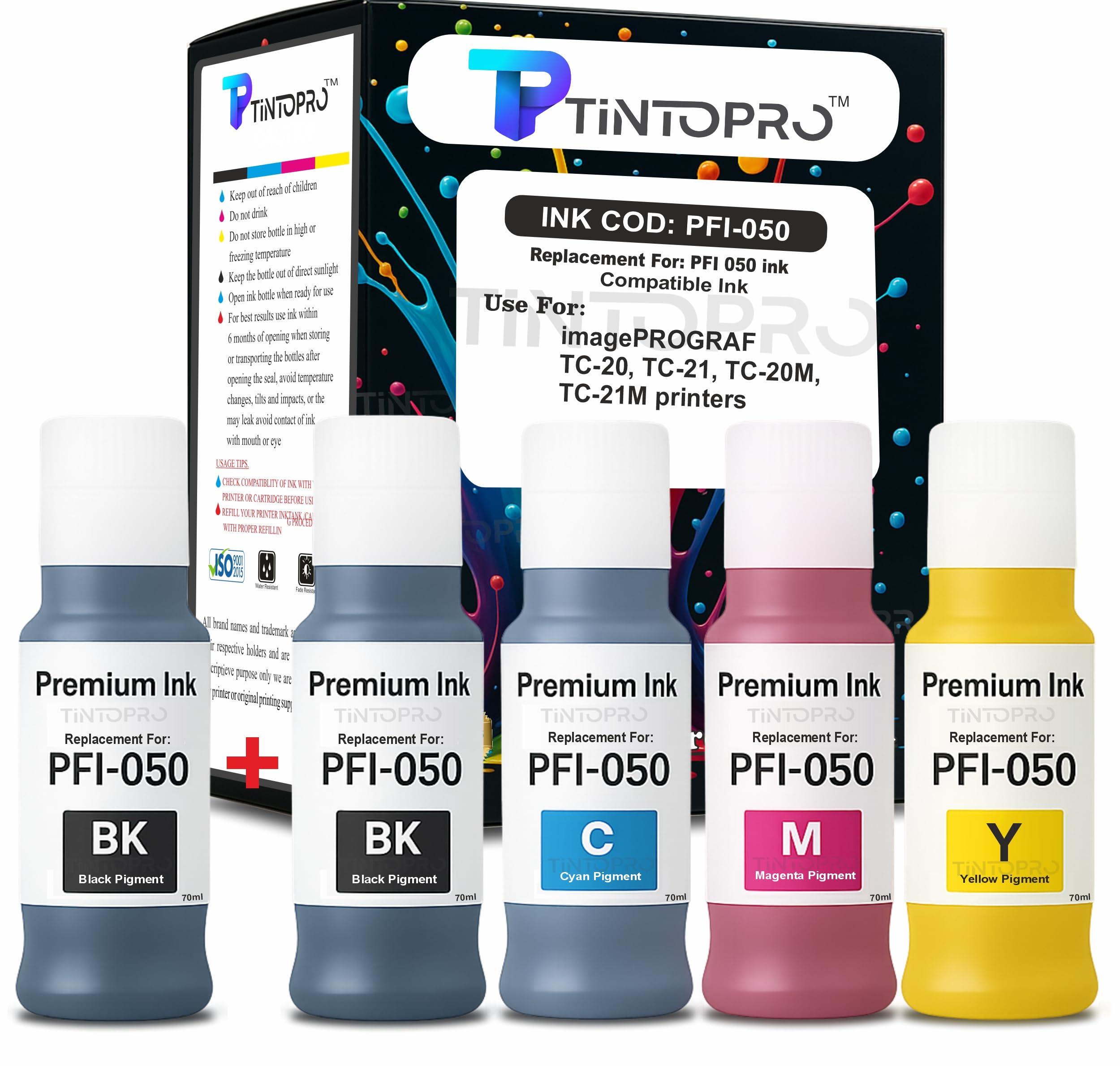 TintoPro PFI 050 Multicolor Pigment Refill Ink Replacement for Canon PFI-050 Ink Bottles Compatible with imagePROGRAF TC-20 TC-21 TC-20M TC-21M Printers 7500-6500 Page CMY,BK+BK_Pack_of_5pc. x 70ml-image-19