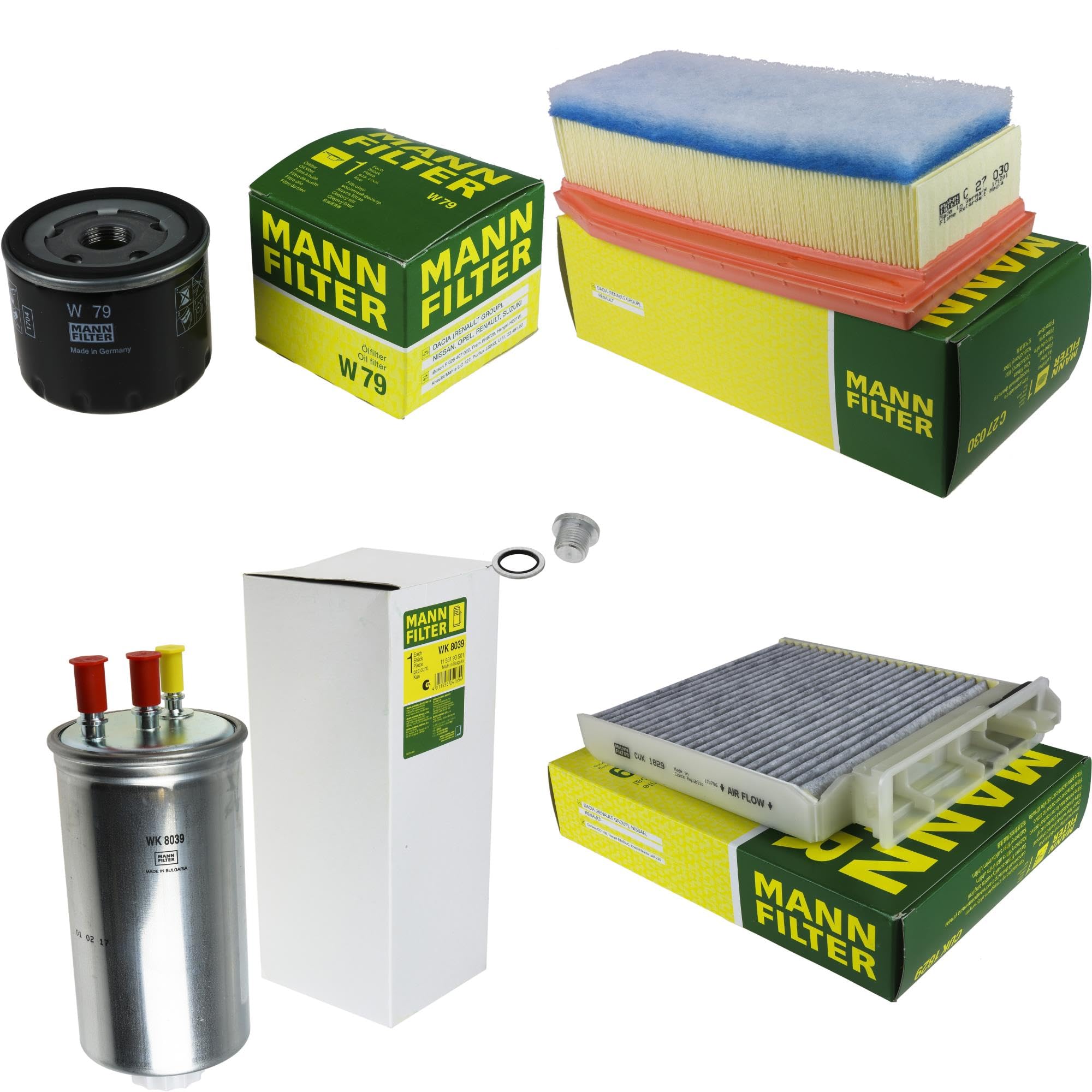 Paquete de inspección Kit de mantenimiento de filtros con filtro de aceite W 79, filtro de aire C 27 030, filtro de combustible WK 8039, filtro de habitáculo CUK 1829, tornillo de cierre