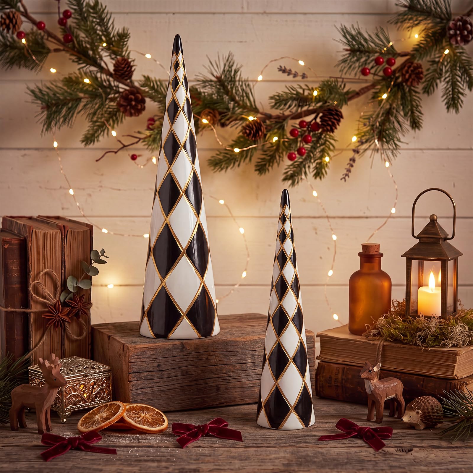 SiliFine 2 Pcs Resin Checkered Christmas Tree Figurines Centerpiece, Cone