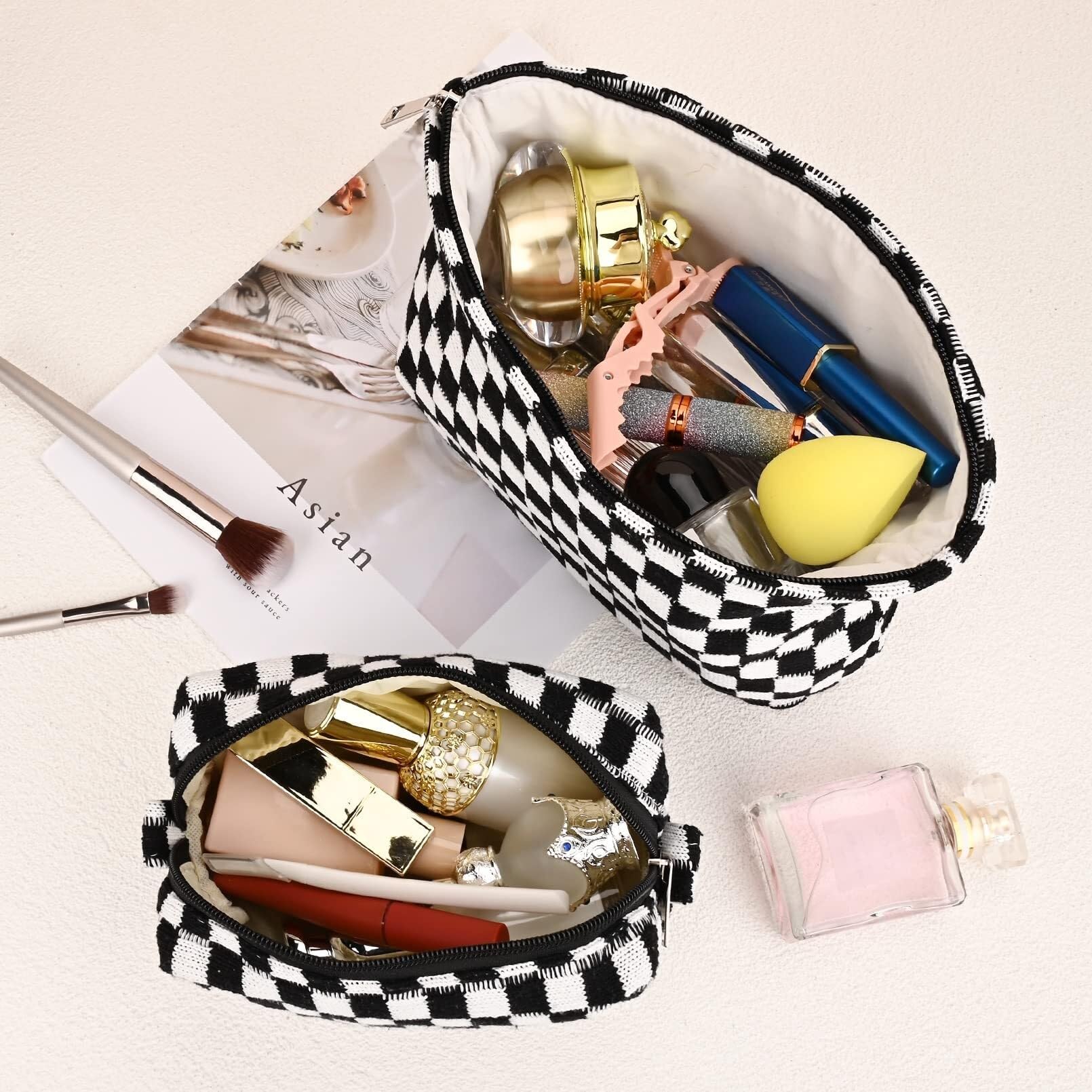 Kosmetiktasche Kulturtasche Kosmetiktasche, Karierte Kosmetiktasche, Canvas-Mix, Reise-Kulturbeutel, Aufbewahrungstasche Schminktasche Damen(A,20x7x6cm)