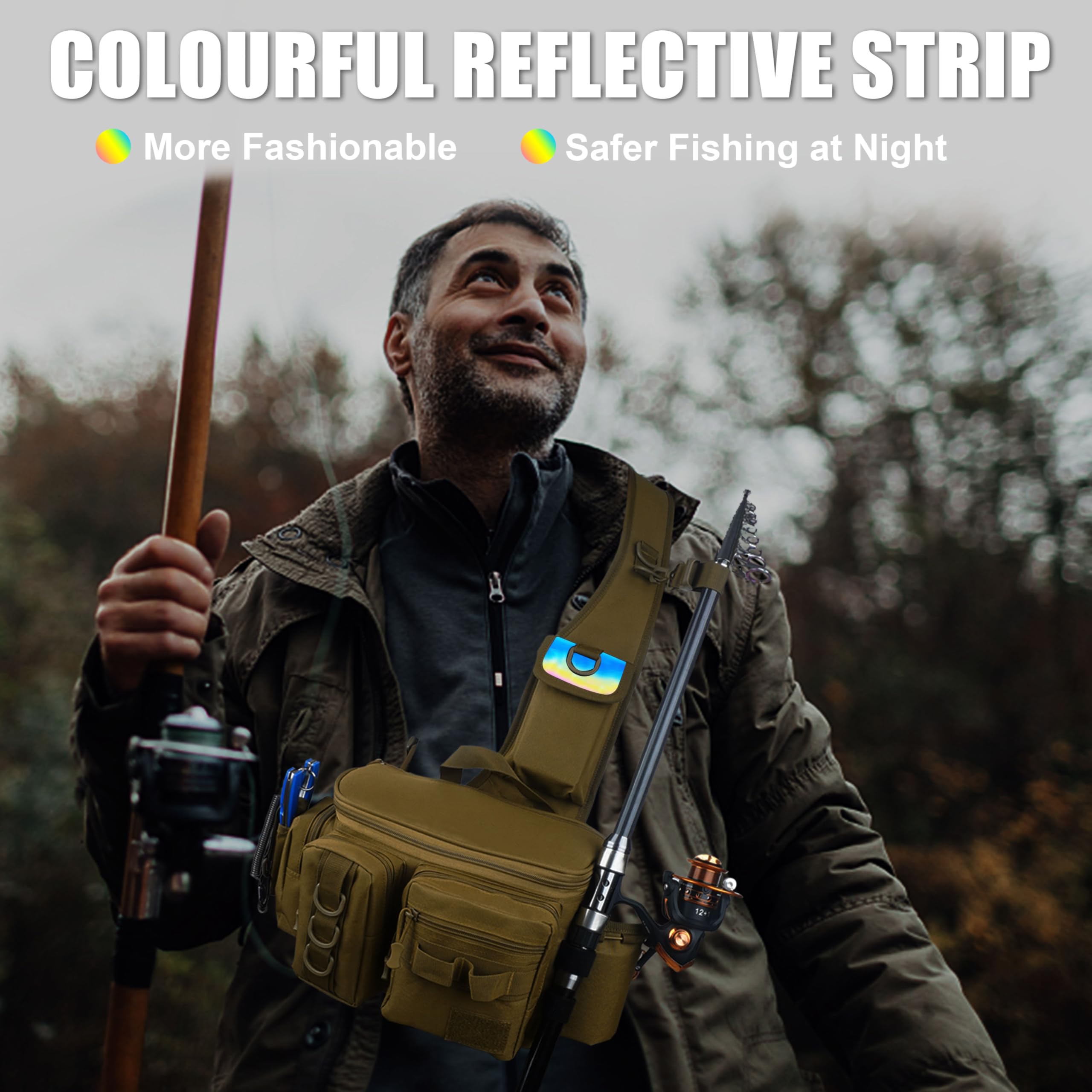 OROOTL Borsa a tracolla da pesca con supporto per canna, zaino da pesca portatile, leggero, impermeabile, borsa a tracolla per attrezzi da pesca, per uomini e donne, regalo