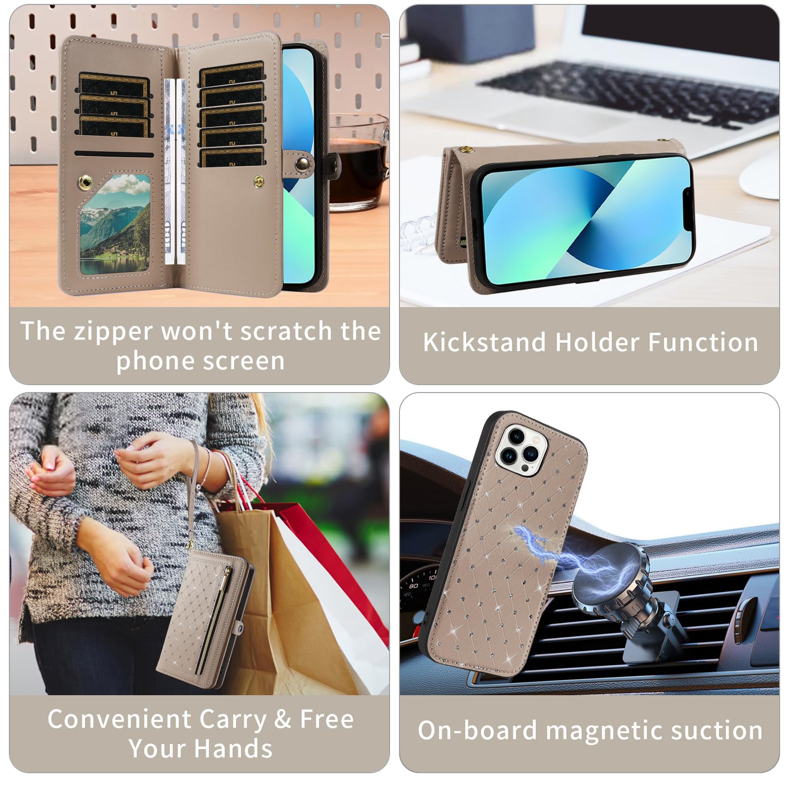 Funda para iPhone 13 Pro Max 2021 con cremallera, funda magnética desmontable con protector de pantalla, correa de cordón cruzada, con purpurina, para iPhone 13promax 5G i Phone13Max Plus, para mujer