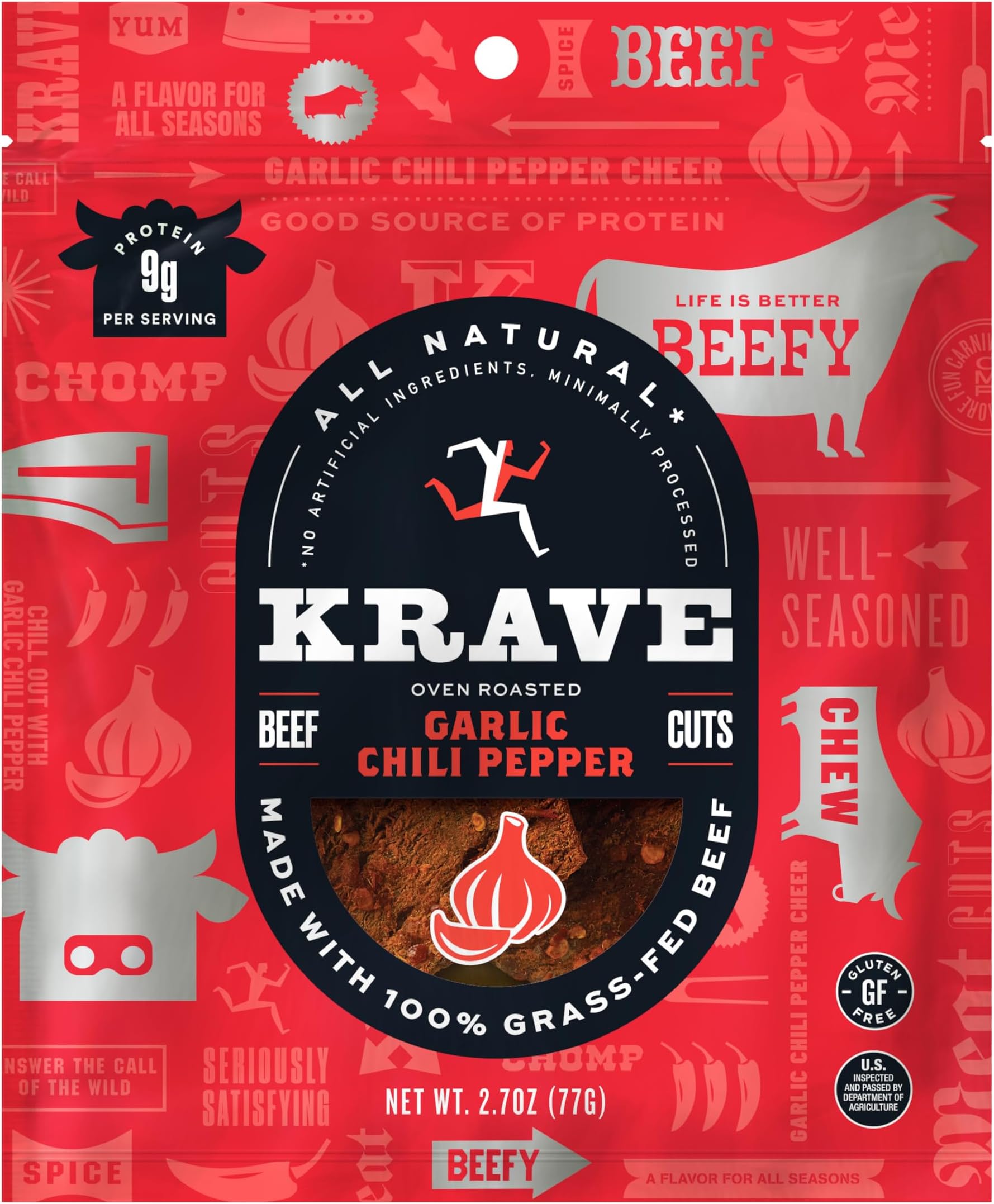 All Natural Beef Jerky, Garlic Chili Pepper - Protein Packed Snacks Roasted for Maximum Flavor - 100% Grass Fed Beef - Gluten Free - 2.7 Ounce