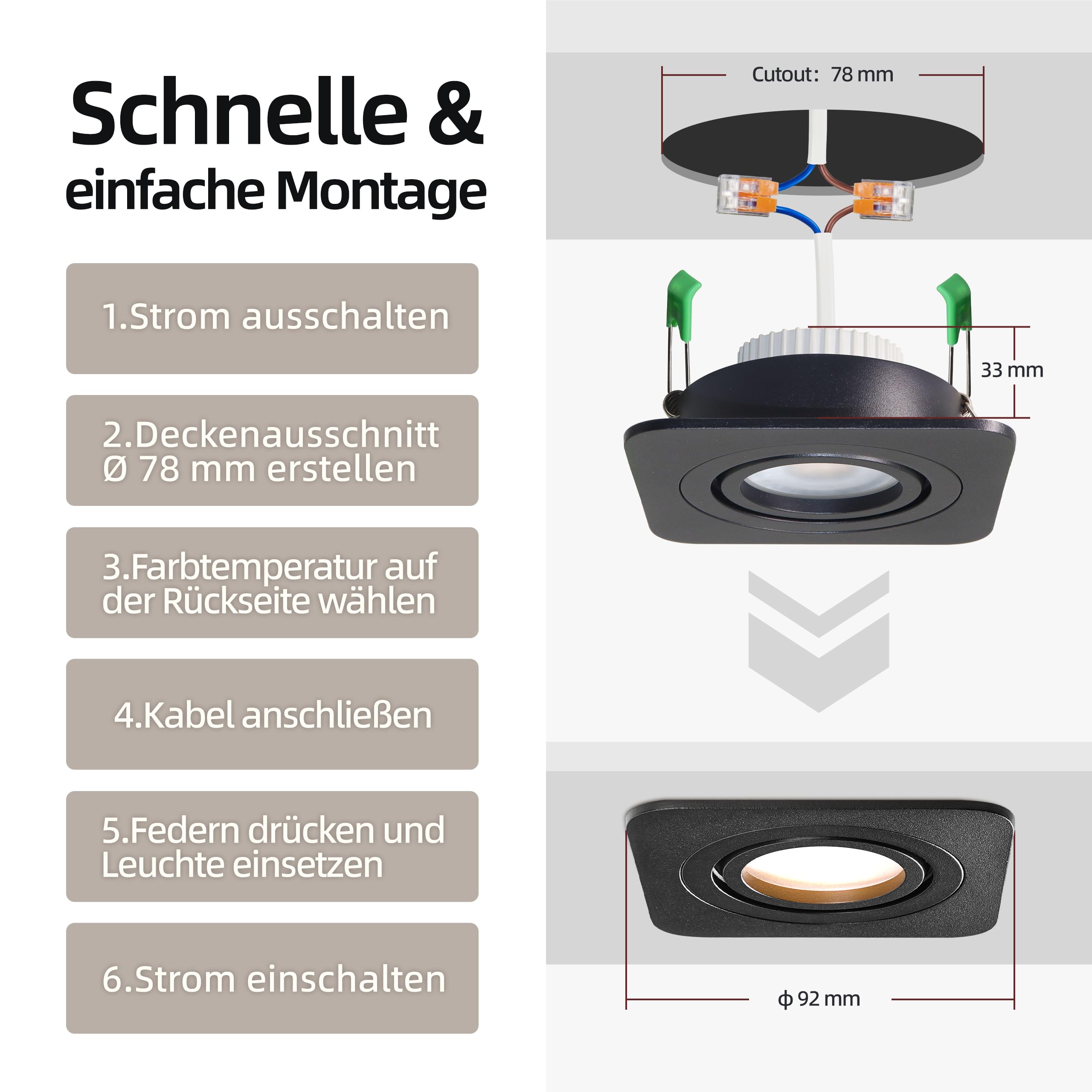 3er Einbaustrahler LED Dimmbar Deckenpots IP65, 5W 550lm Einbauspots 230V Modul, 3000K/ 4000K/ 6500K für Bad Flur, CRI90+ Ø78mm