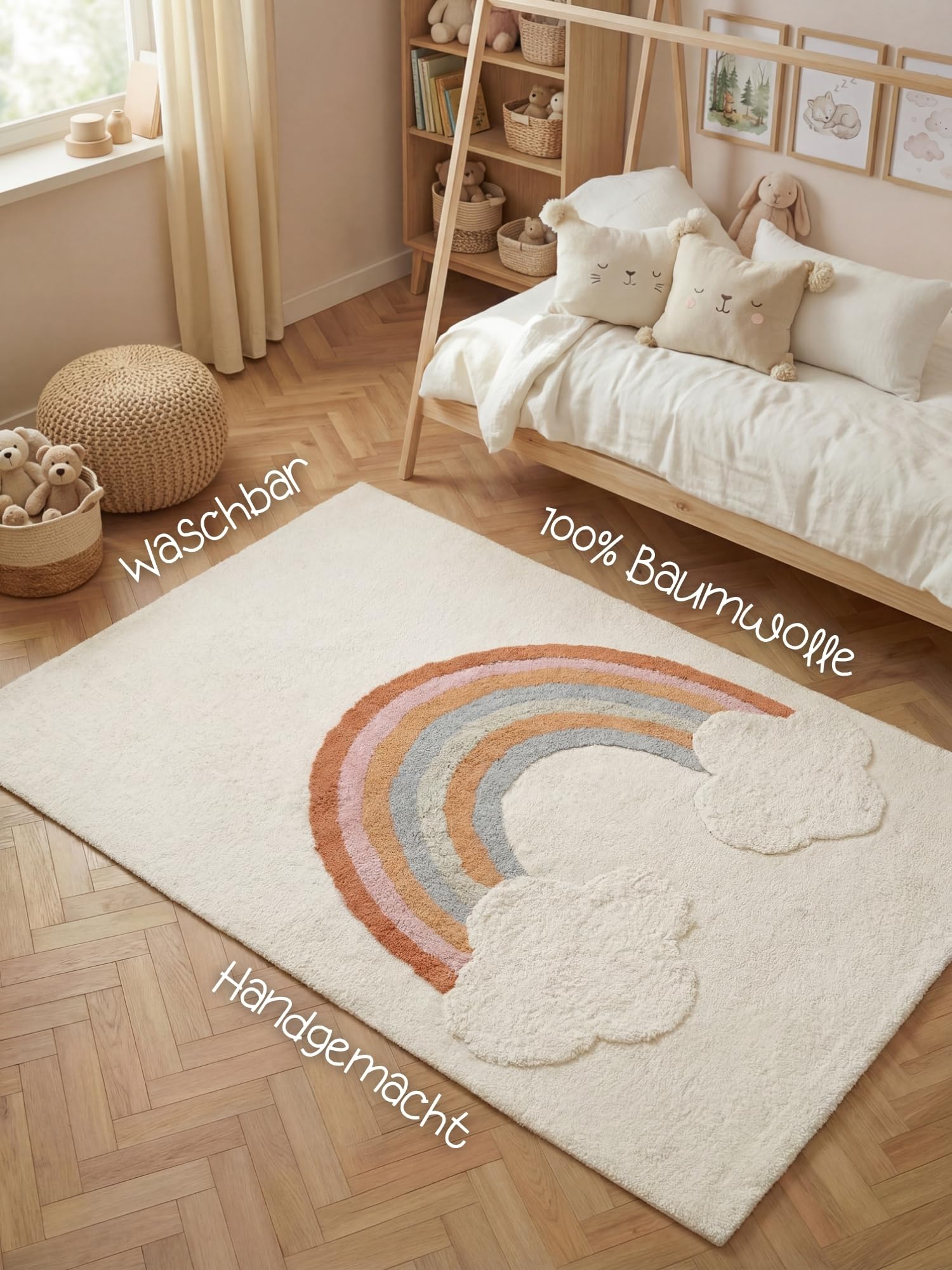 Hanse Home Kinderteppich Petite Melodie - Pflegeleichter Teppich Junge Mädchen, rutschfest&Waschbarer Formteppich Wolke Regenbogen, Kinderzimmer Weicher Spielteppich - Creme Multifarben, 140x200cm