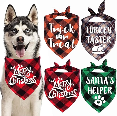STMK Paquete de 4 bandanas navideñas para perros, Halloween, día de Acción de Gracias, Navidad, bandanas para perros grandes (L)