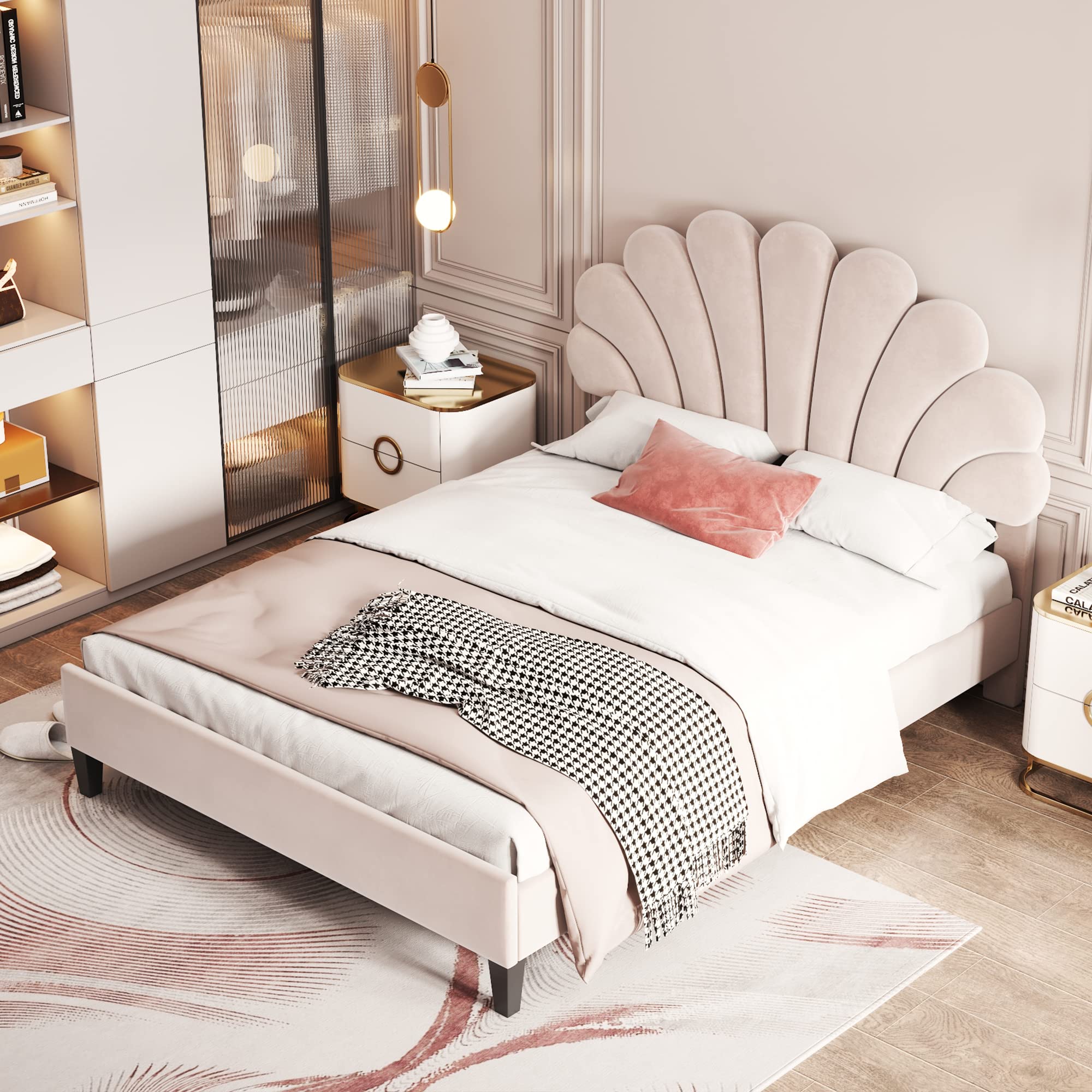 Letto matrimoniale imbottito 140 x 200 cm, telaio con testiera a forma di fiore e rete a doghe, letto per adulti e ragazzi in tessuto di velluto delicato sulla pelle, letto per ospiti beige