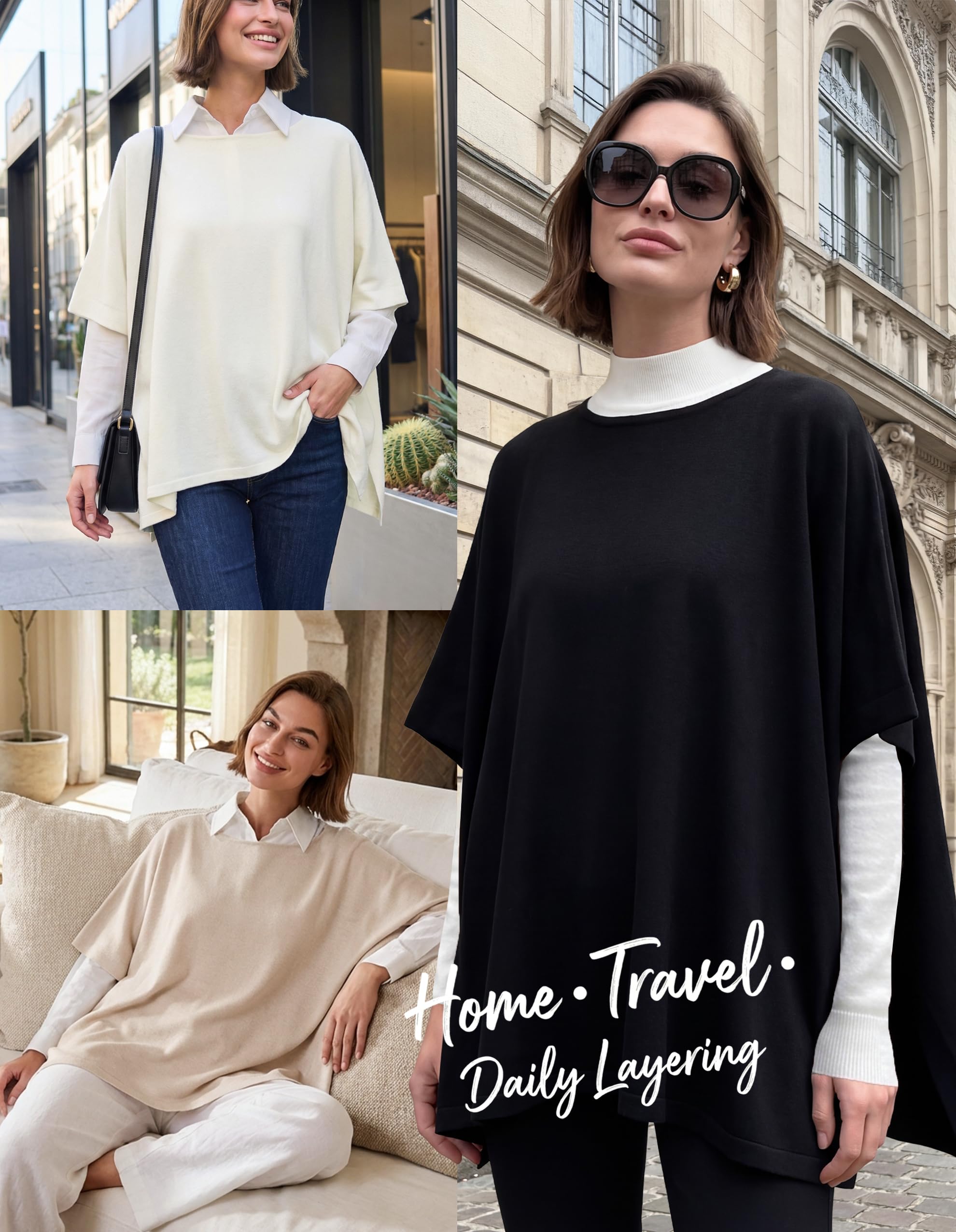 Pullover poncho da donna in cashmere, scialle, vestibilità larga, per autunno inverno, Caramello, taglia unica