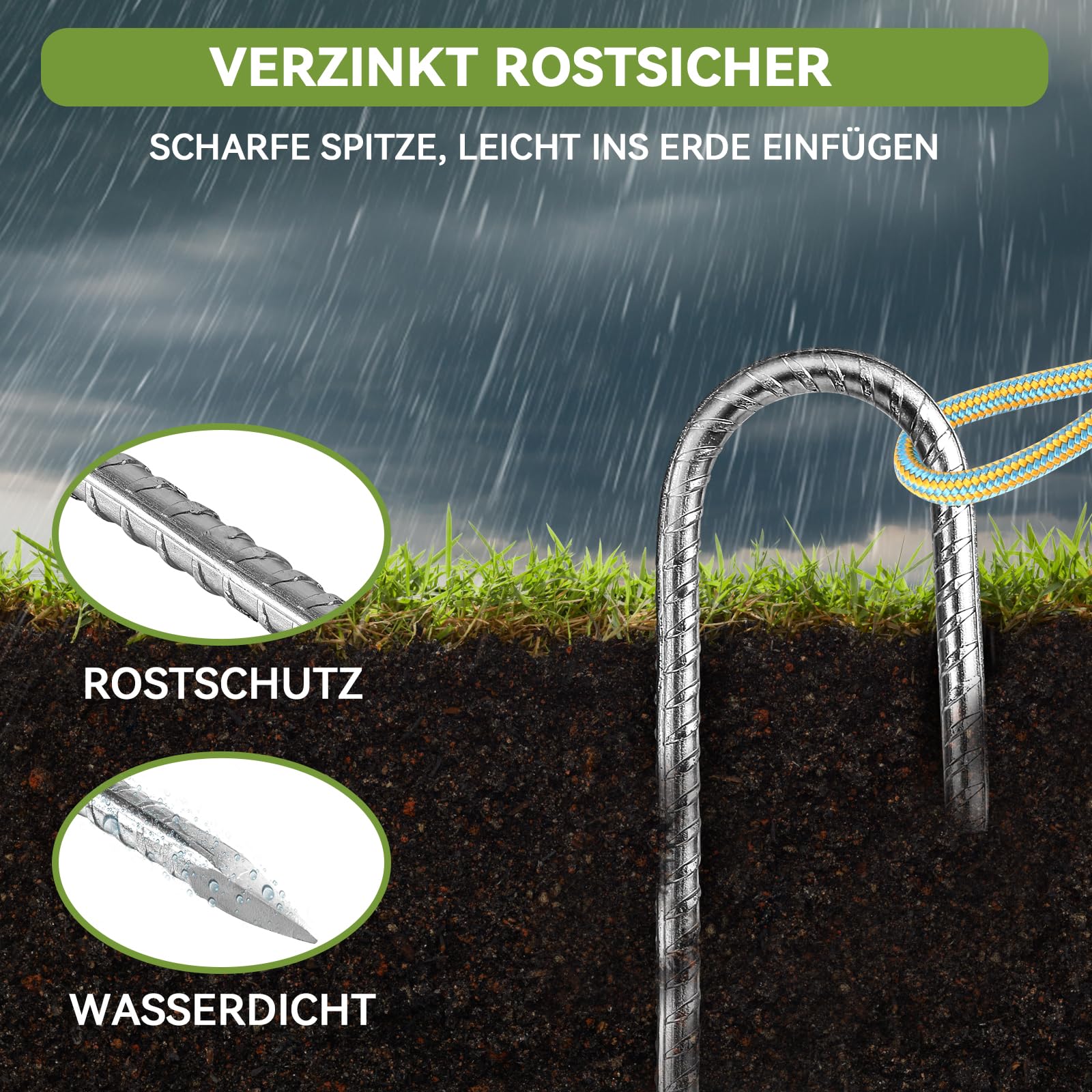 20 Stück 30cm Schwere Trampolin-Zeltanker-Bodennägel - Verzinkter Stahl Rostfrei J-Haken-Rebar-Pfähle passend für Trampoline, Camping, Gartenschuppen, Schaukeln mit Meißelspitzenende