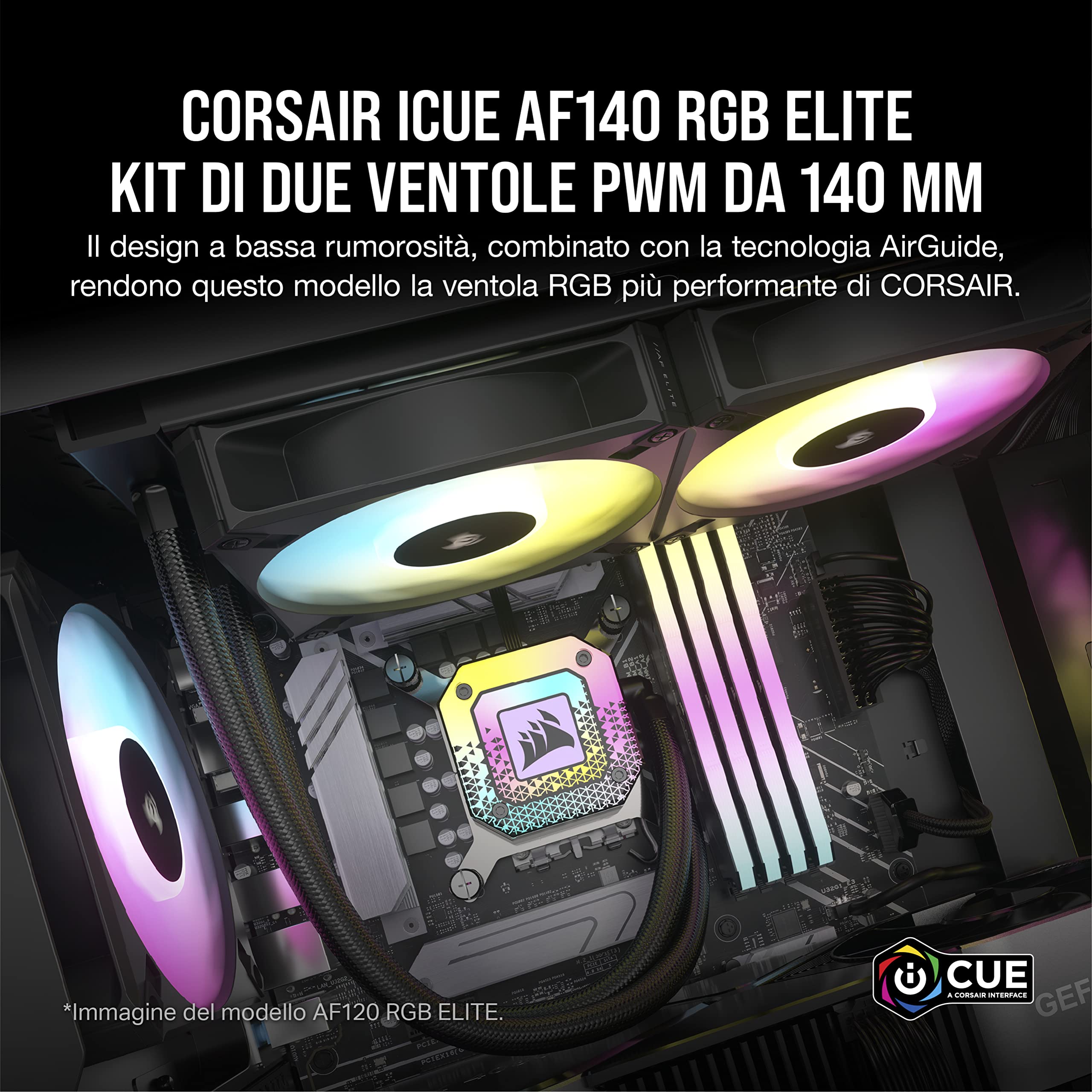 Corsair iCUE AF140 RGB ELITE da 140 mm Kit di Due Ventole PWM - Otto LED RGB su Ogni Ventola - Tecnologia AirGuide - Controller iCUE Lighting Node CORE Incluso - Nero