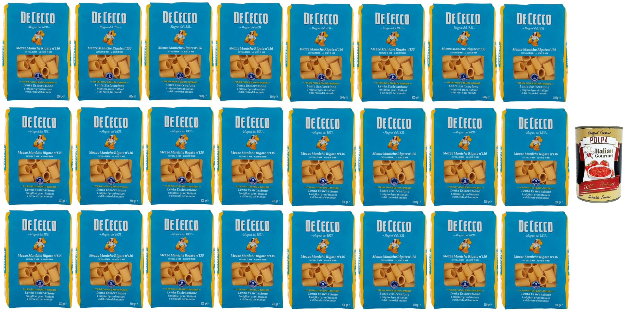 De Cecco Mezze Maniche Rigate n°136 - Pasta 24 x 500 g | Secado lento | Sémola de trigo duro de alta calidad | Horneado 13 min (al diente 11) | Ideal salsas & gratins + Italian Gourmet polpa 400g