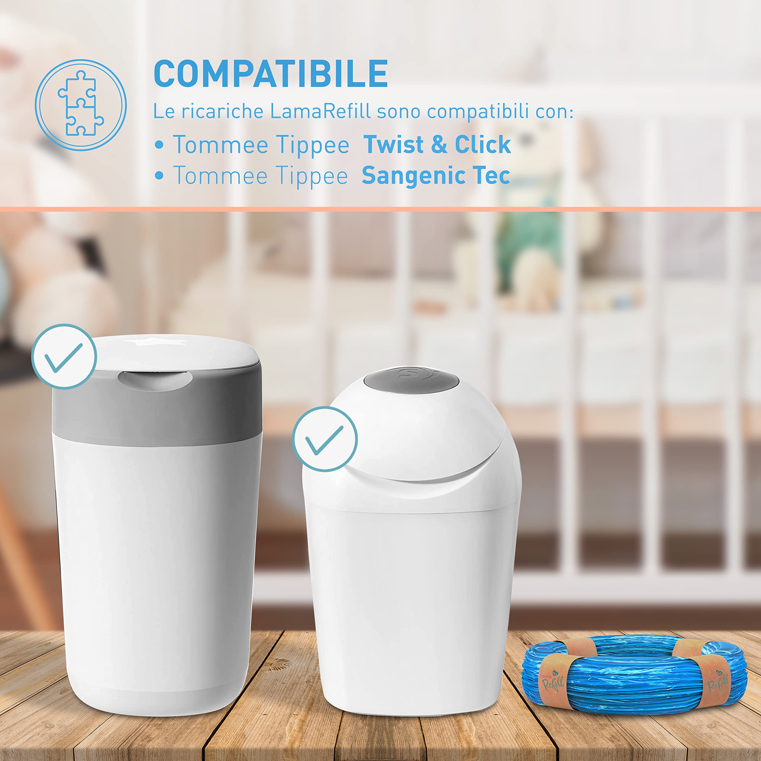 Baby Lama 15 Buste compatibili con Ricarica Mangiapannolini Tommee Tippee. Made in Italy. Compatibili con Tommee Tippee Ricariche Twist e Click, Simplee Sangenic Tec. Sacchetti Antiodore