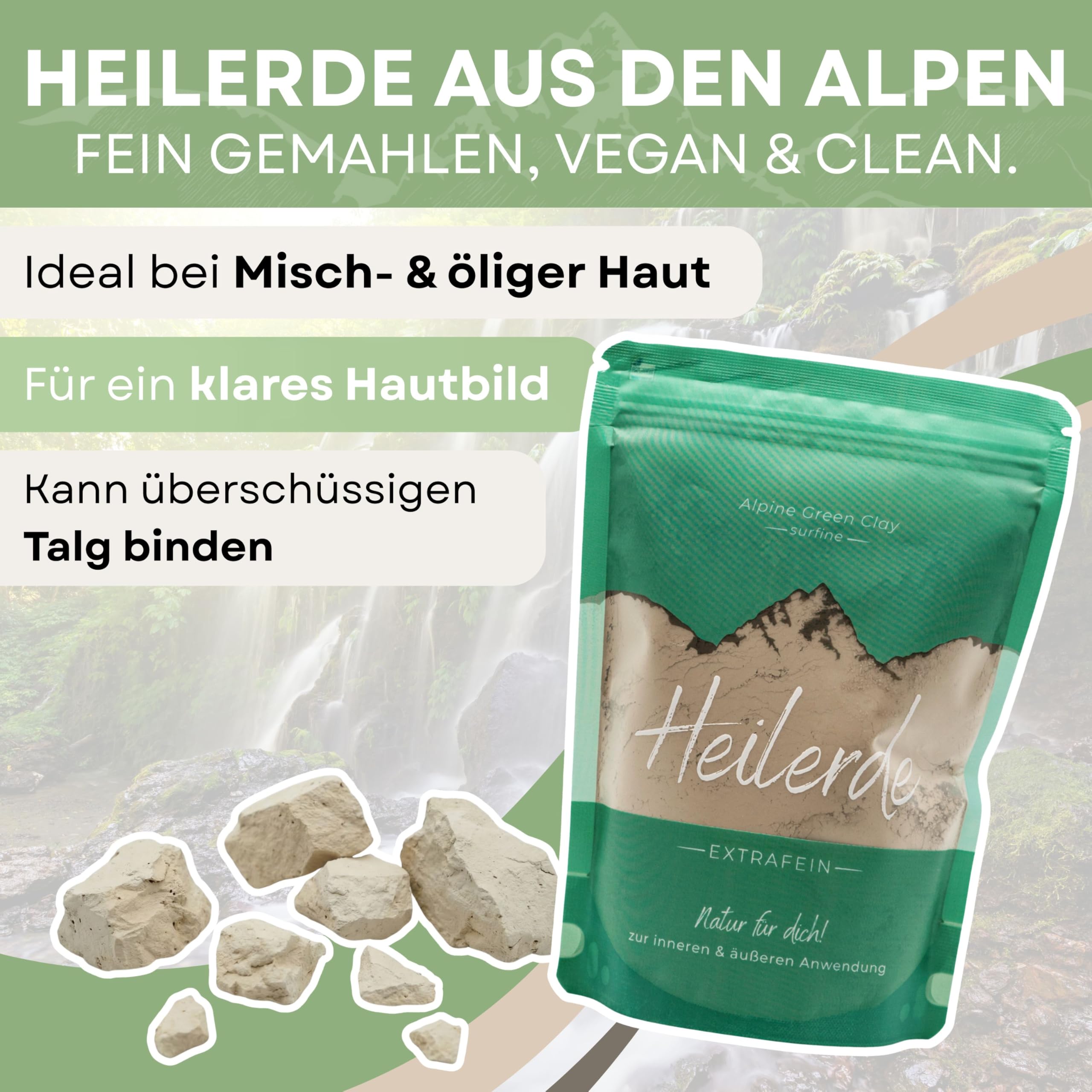 Heilerde Maskenset gegen Pickel & Unreinheiten – DIY Gesichtsmaske Set mit Schale & Pinsel – Grüne Tonerde Österreich – Naturkosmetik Tiefenreinigung – Vegan Clean Beauty