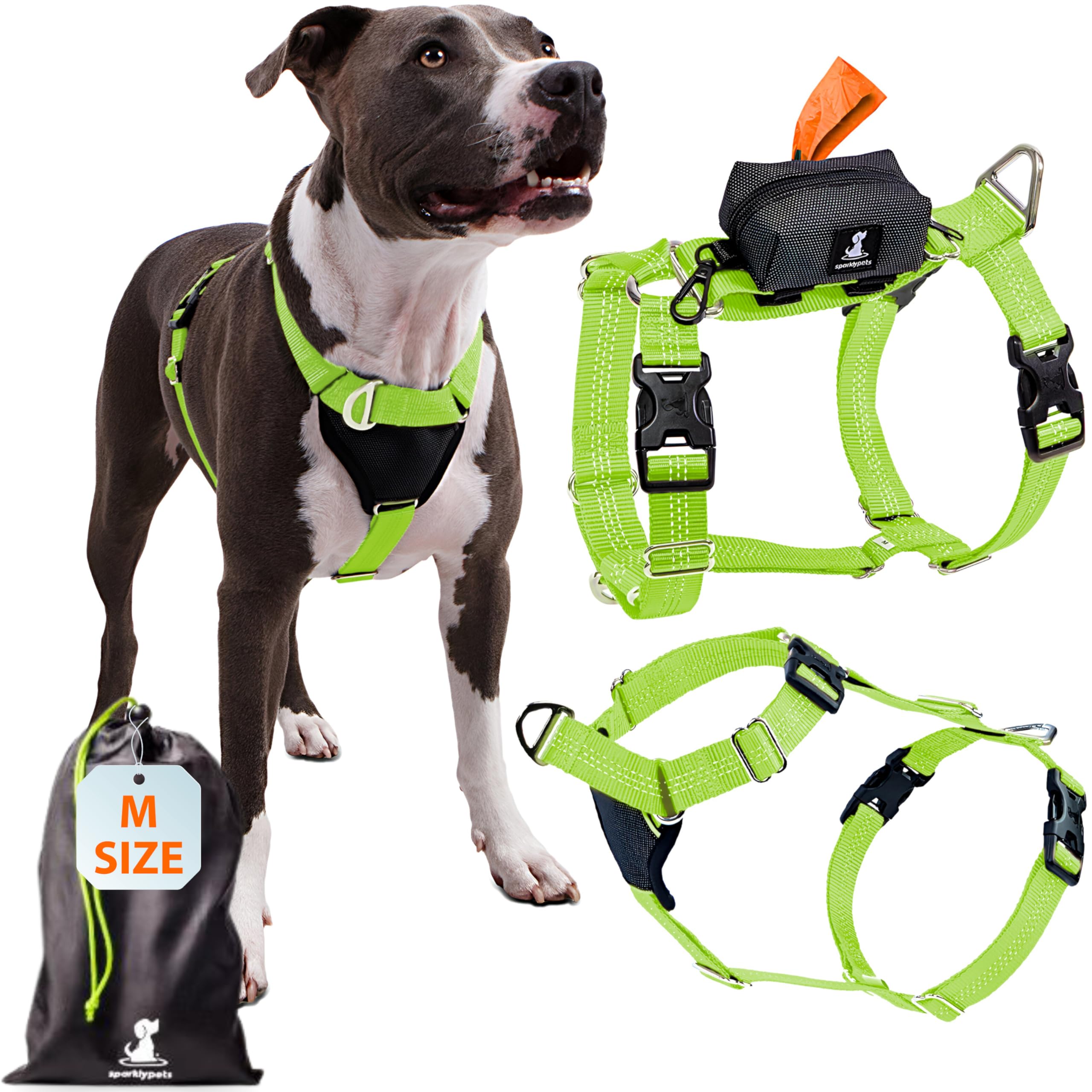SparklyPets More Freedom - Pettorina anti-tiro, anteriore e posteriore, con clip facile, per razze medie e grandi, con porta sacchetti per escrementi, per tutti i tipi di corpo, verde, gamma 1