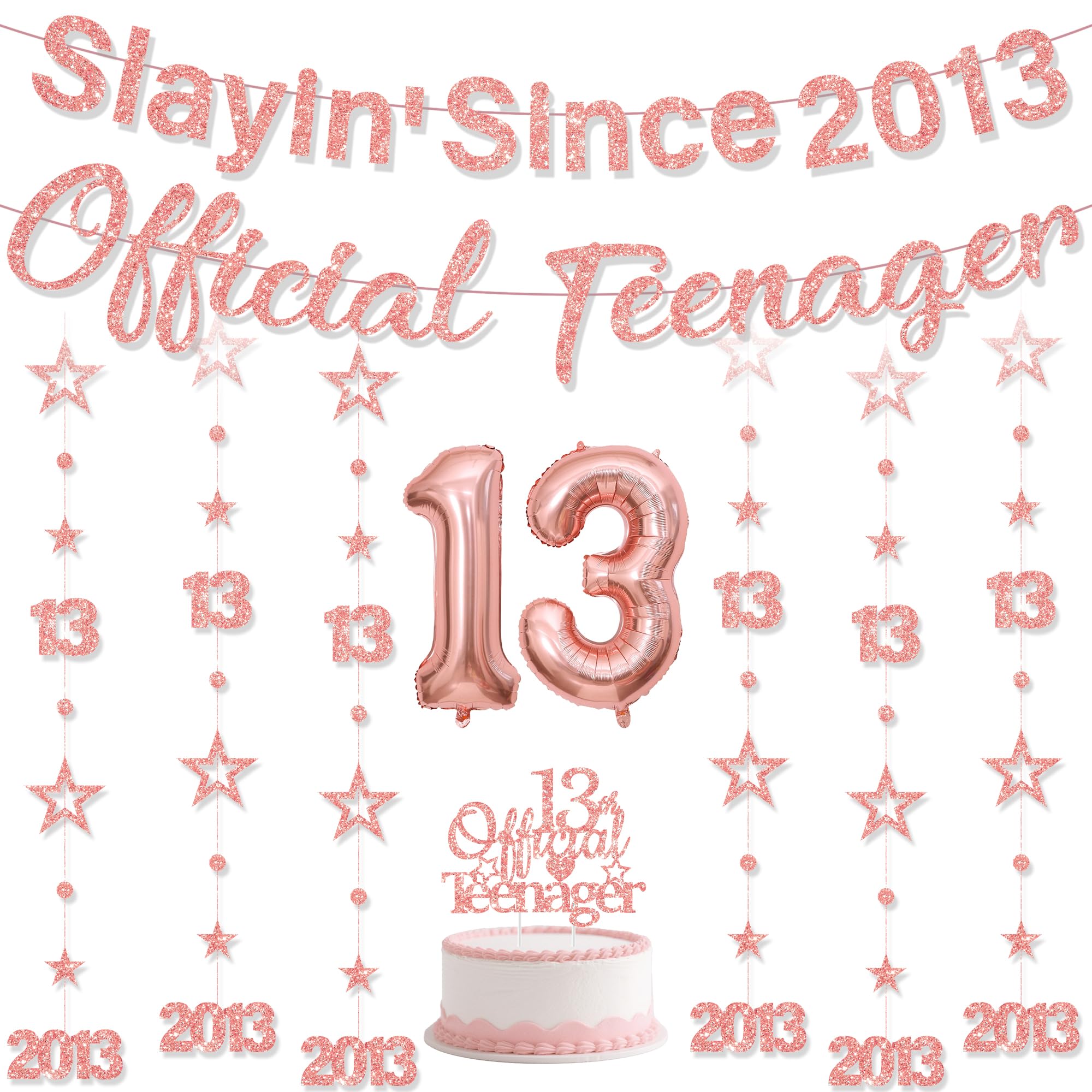 13th Birthday Decorations Banner Balloons - 11 Pcs Rose Gold Official Teenager Banner Glitter Star Garland Hanging Number 13 Foil Balloon Cake Topper for Her Girls Thirteen Years Old Party Decor