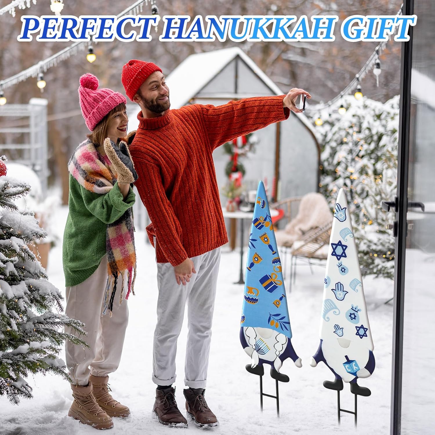 Cinnvoice 2 Pcs Hanukkah Metal Yard Gnome Stakes 27.6” Chanukah Decorative Gnomes Stakes for Outdoor Happy Hanukkah Garden Signs for Jewish Christmas Party Supplies Lawn Garden Decoration