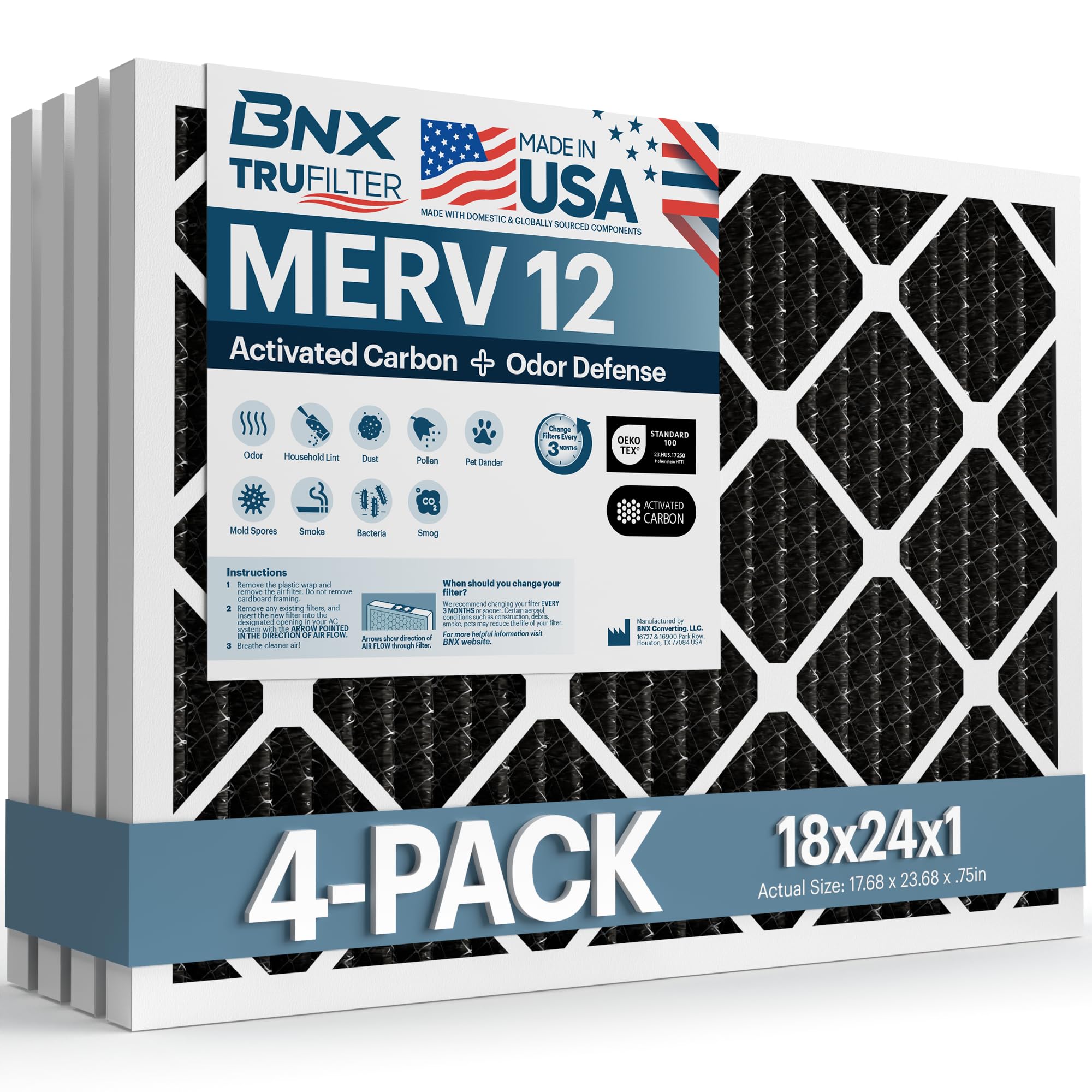 BNX TruFilter 18x24x1 MERV 12 Odor Defense, 4-Pack