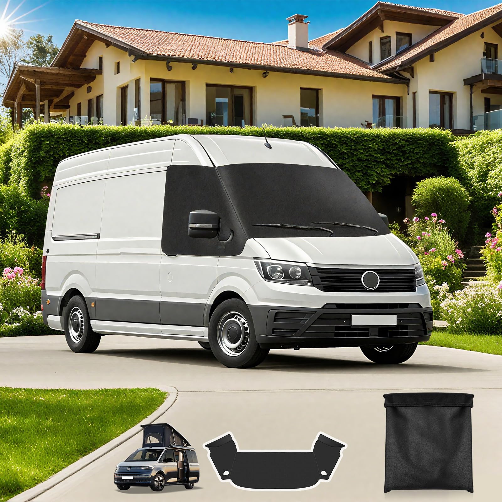 Osłona na przednią szybę samochodową zamiennik dla VW Crafter/Grand California 2018-2025, 600D wodoodporna osłona przeciwsłoneczna na przednią szybę, termomata, blackout, anty-UV/anty-mróz/anty-lód