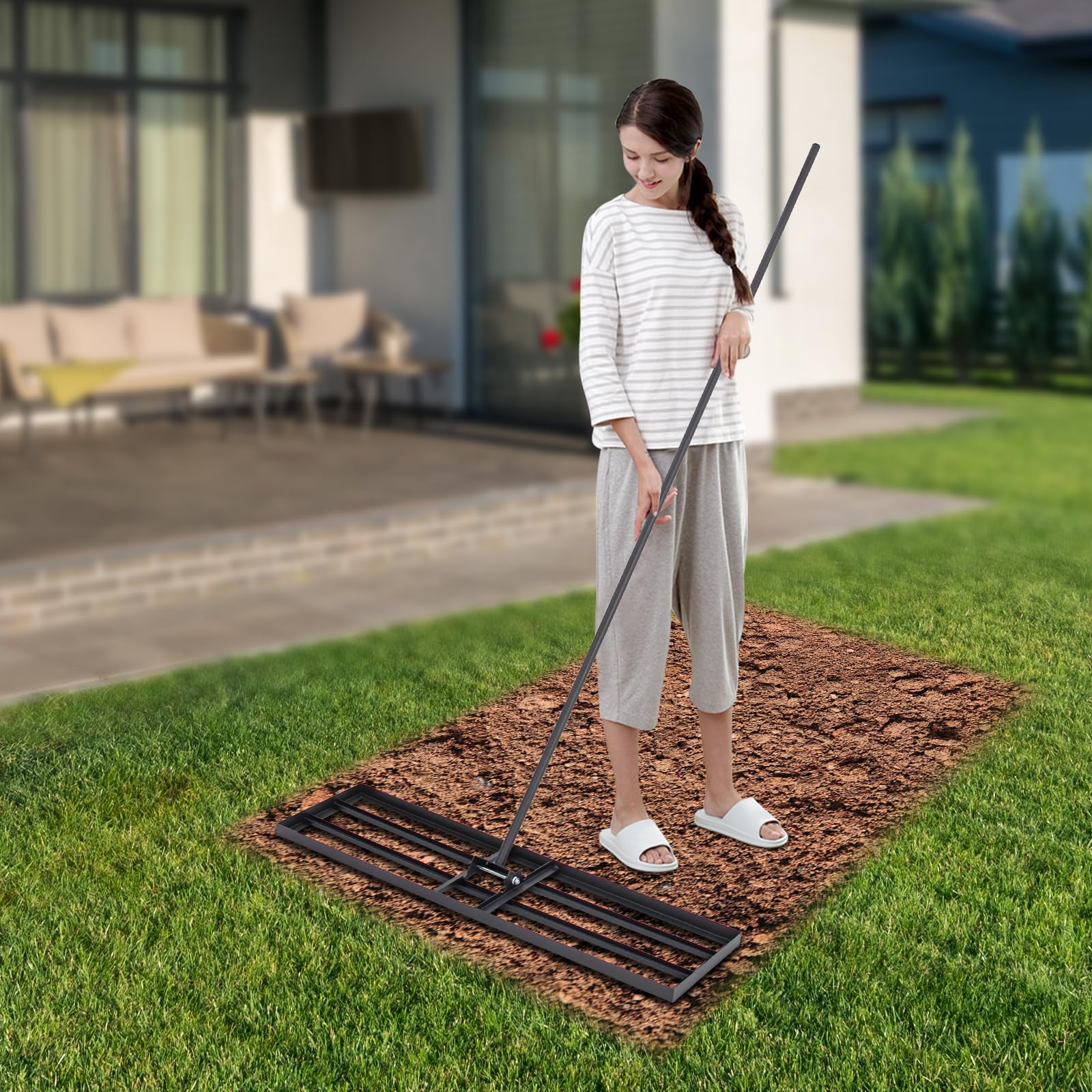 Rastrello livellatore per prato, attrezzo da giardinaggio per la cura del prato con manico da 175 cm, angolo flessibile, per cortili, giardini, fattorie, prati, angolo di rotazione 180°, dimensioni