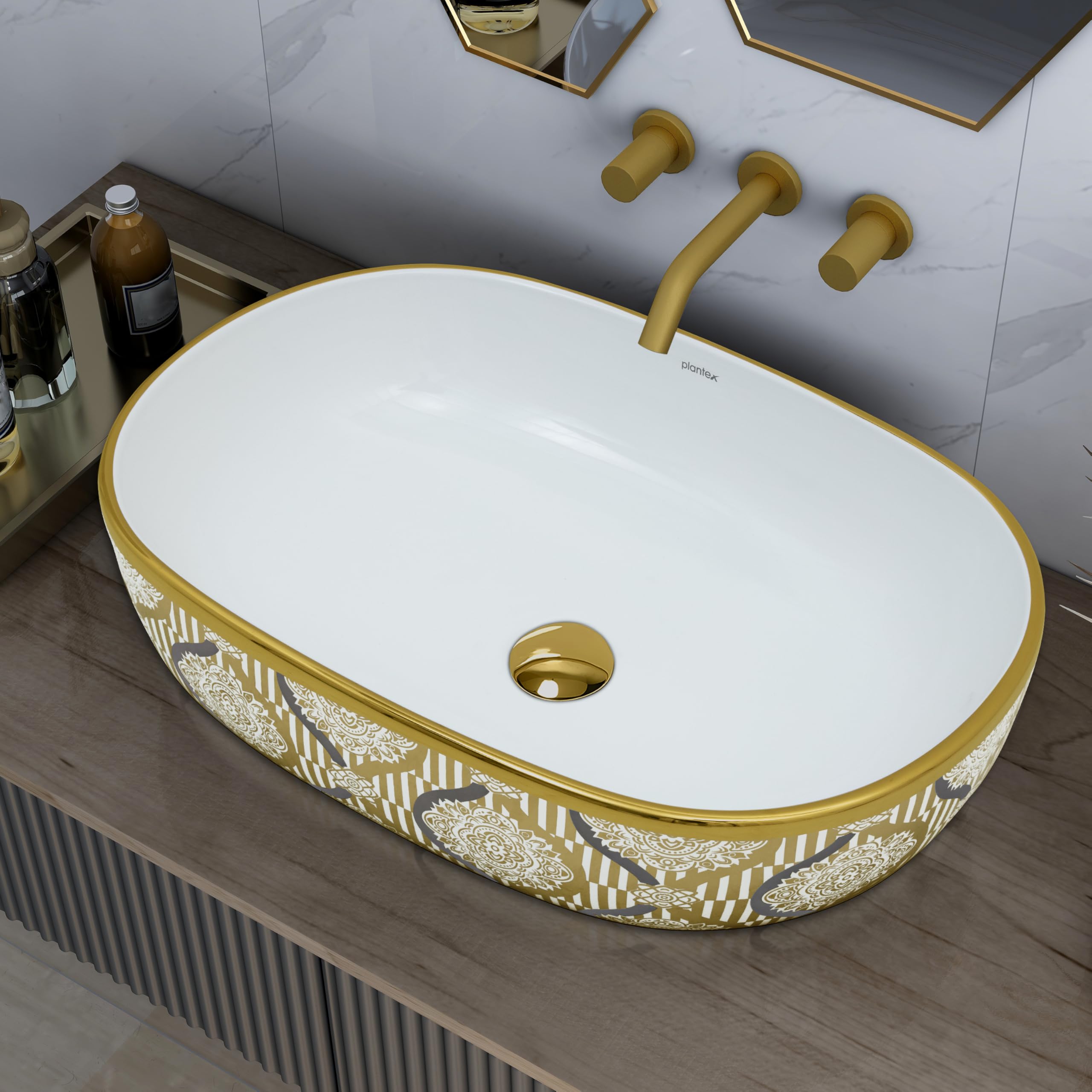 Plantex Tabletop Washbasin for Bathroom/Designer Ceramic Hand Wash Basin/Vessel Sink Basin for Home/Hotel - (23x16x5.5 inch - White & Gold)-image-38