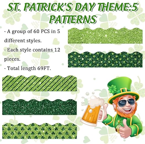 Miniatura 3 de Whaline 69 pies 69 pies con purpurina para el Día de San Patricio 5 diseños de rayas de trébol verde brillante decoración de puntos para tablón de
