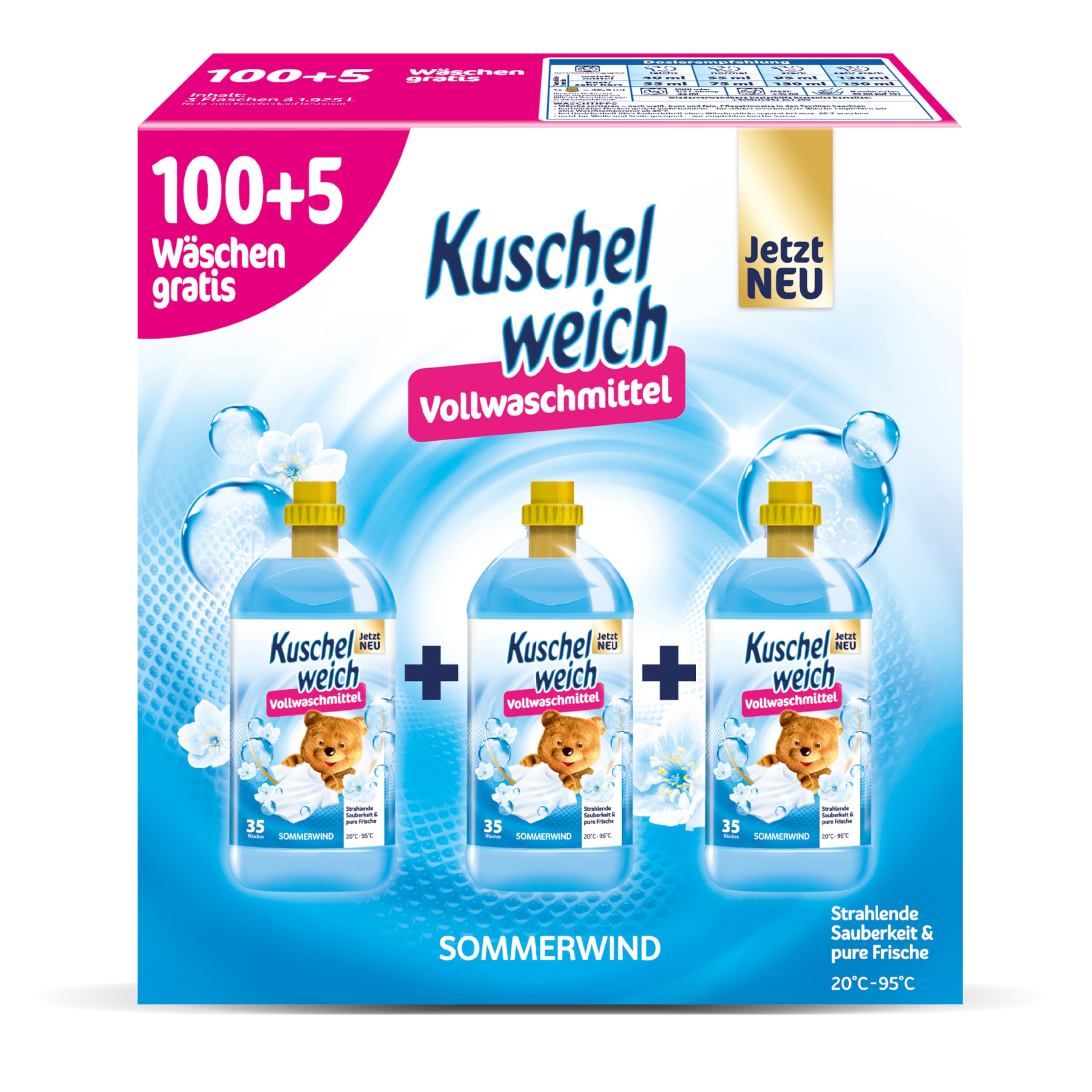 Kuschelweich Detergente completo de viento de verano (XXL: 105 WL) – Detergente líquido para 100 + 5 lavados – Detergente líquido (3 botellas) para ropa blanca