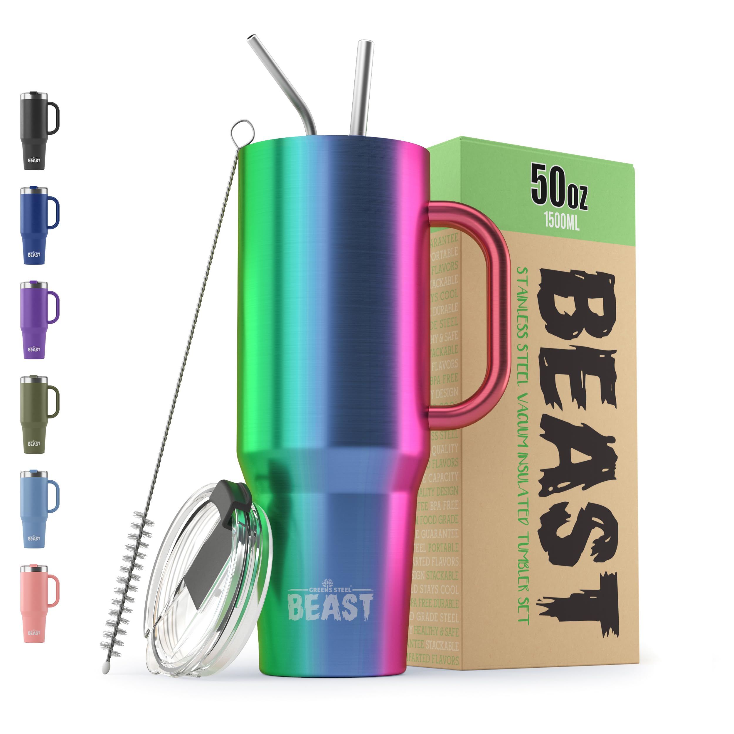 Beast Tumbler with Handle - 1500 ml (50 oz), Rainbow | Reusable Stainless Steel, Vacuum Insulated Cup | with + 2 Straws & Cleaning Brush | Double Wall Travel Flask Perfect for Hot or Iced Coffee โ image 1