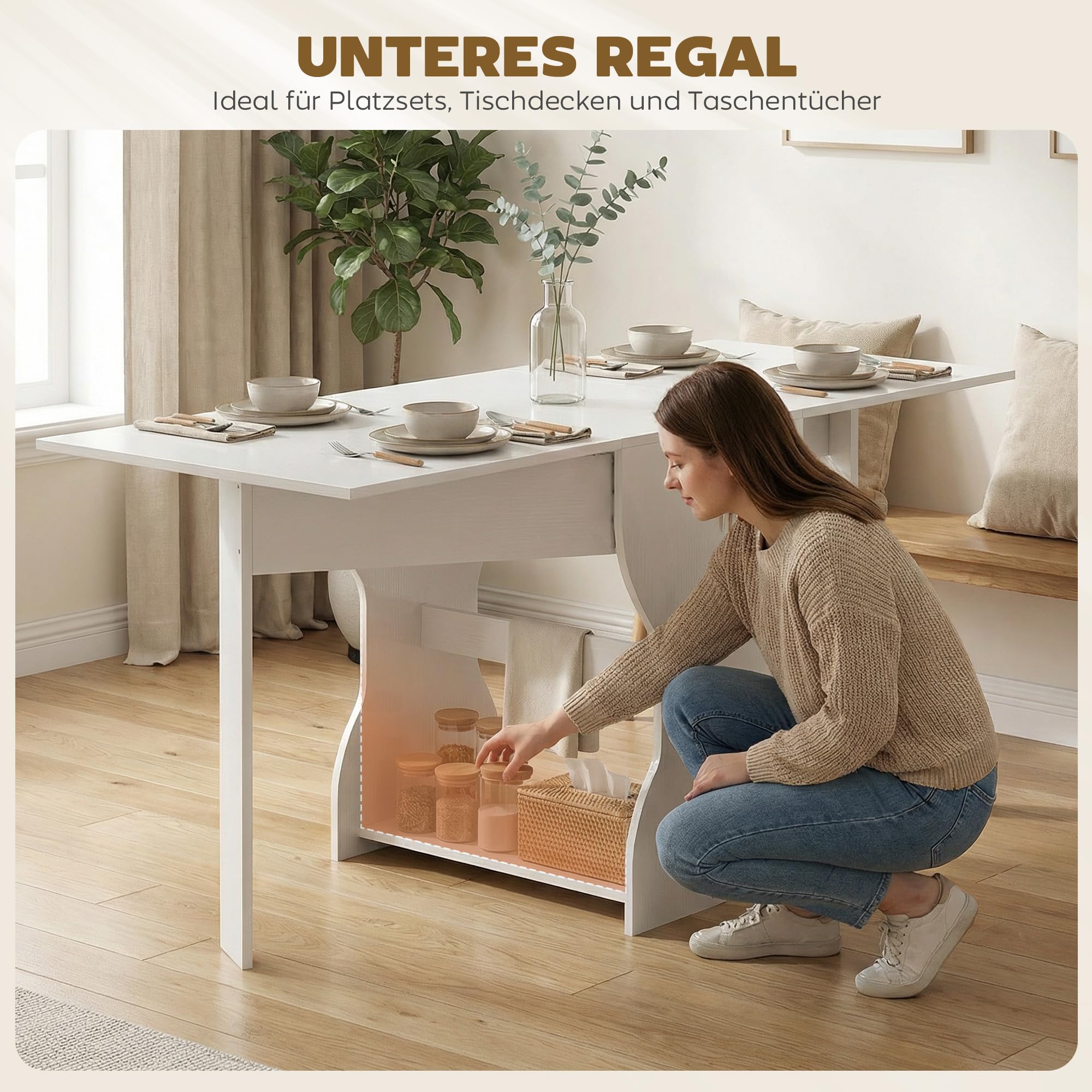 HOMCOM Esstisch Klappbar, Küchentisch mit Stauraum für 2-4 Personen, Klapptisch Esszimmertisch für Kleine Räume, Esszimmer, Küche, 160 x 60 x 75 cm, Weiß